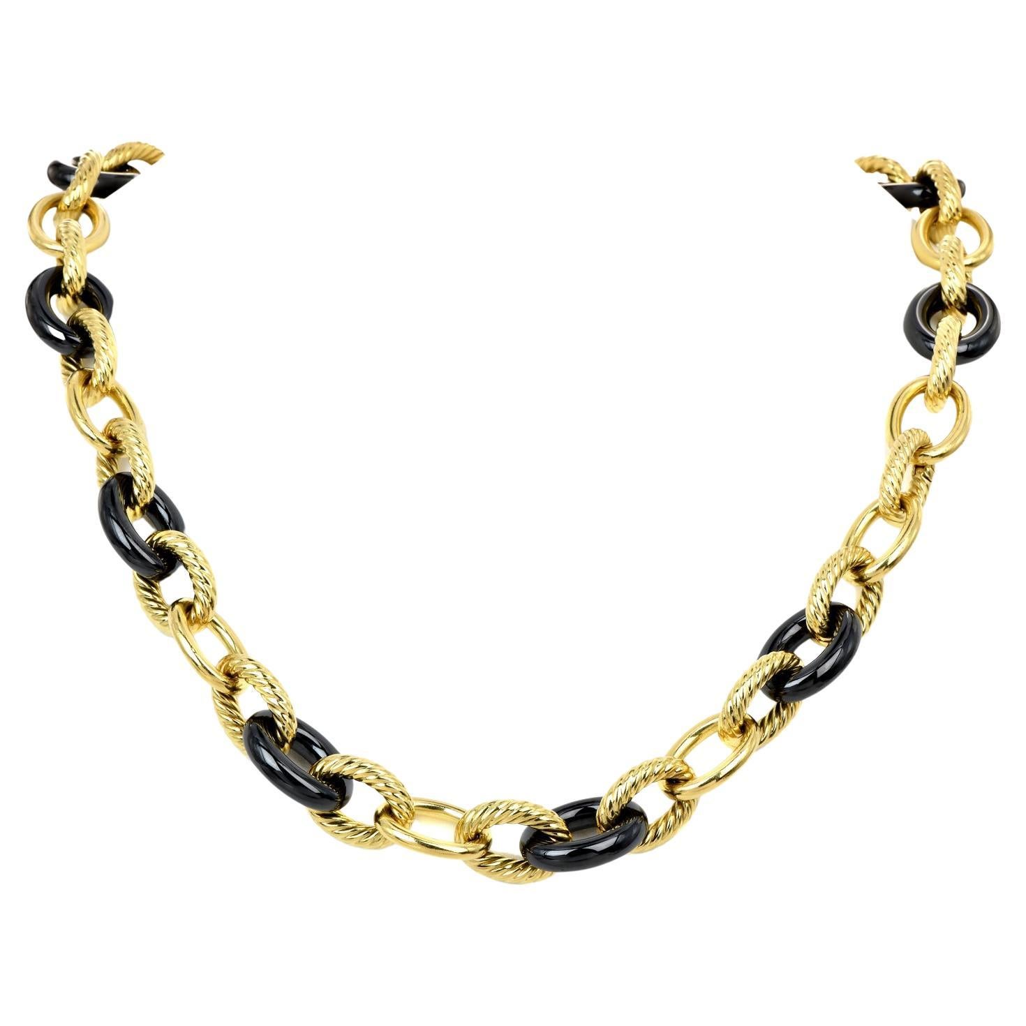 David Yurman 18 Karat Gelbgold Hämatit 17 mm Große Gliederkette Halskette im Angebot