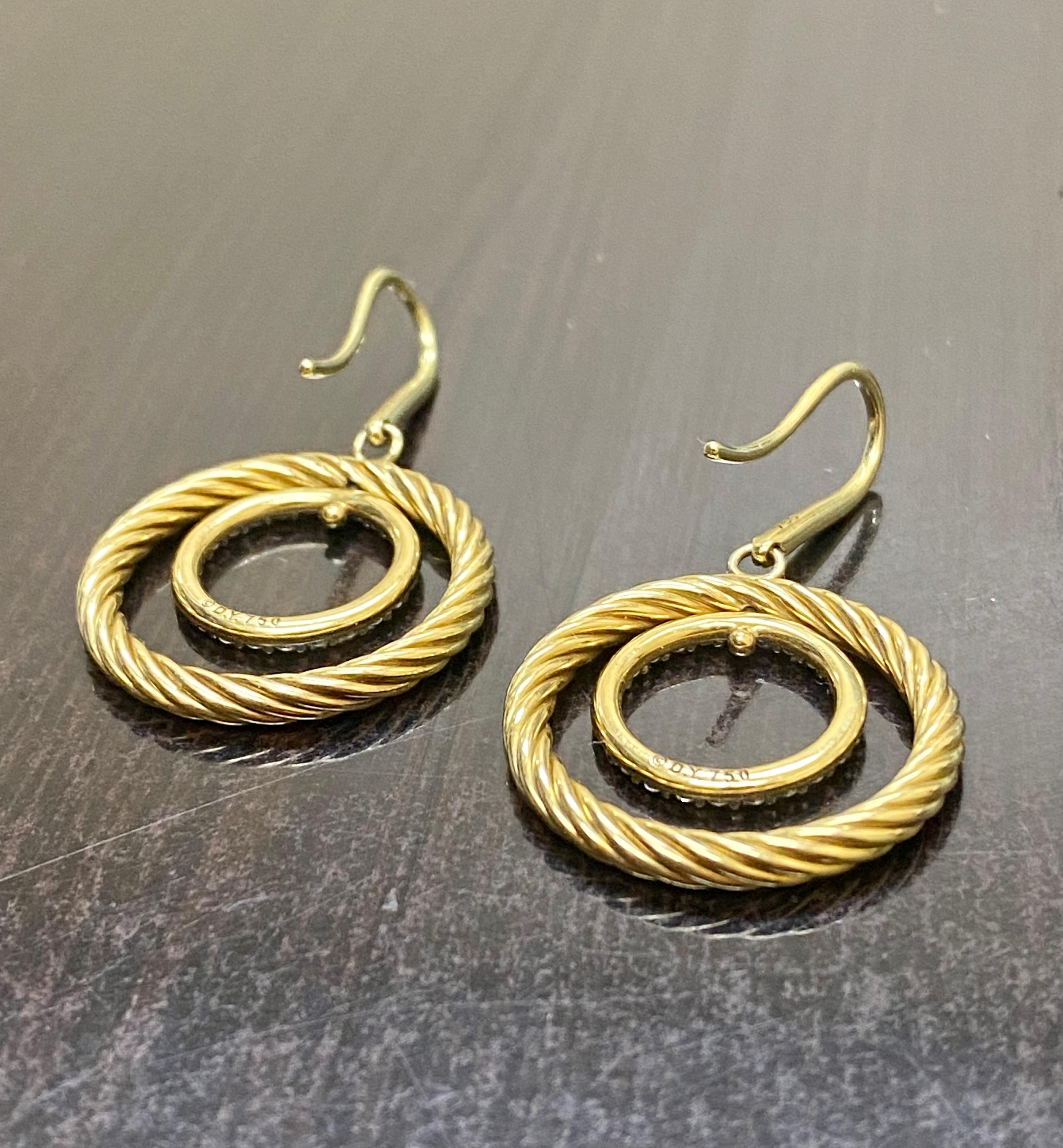 Modern David Yurman 18K Yellow Gold Mobile Circle Cable Drop Diamond Earrings For Sale