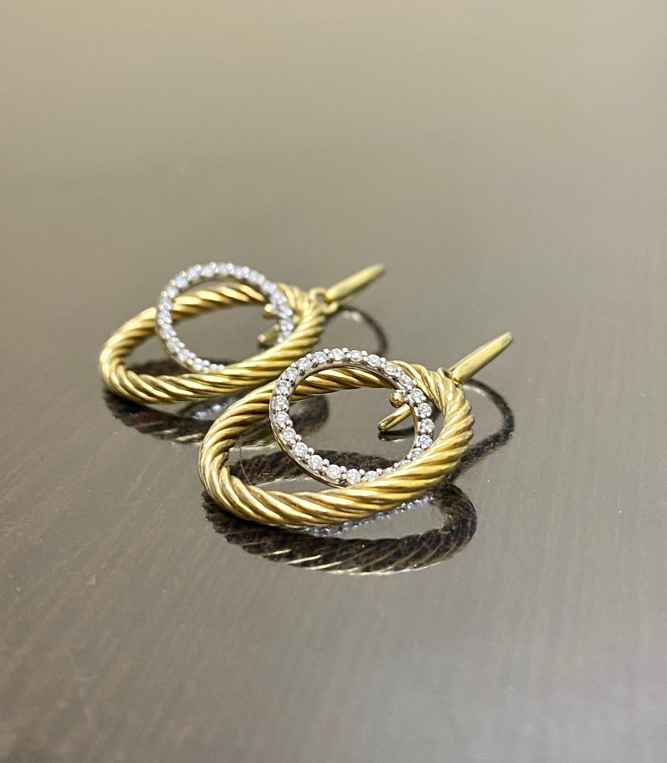 David Yurman 18K Yellow Gold Mobile Circle Cable Drop Diamond Earrings In Excellent Condition For Sale In Los Angeles, CA