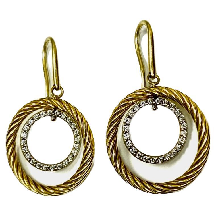 David Yurman 18K Yellow Gold Mobile Circle Cable Drop Diamond Earrings For Sale