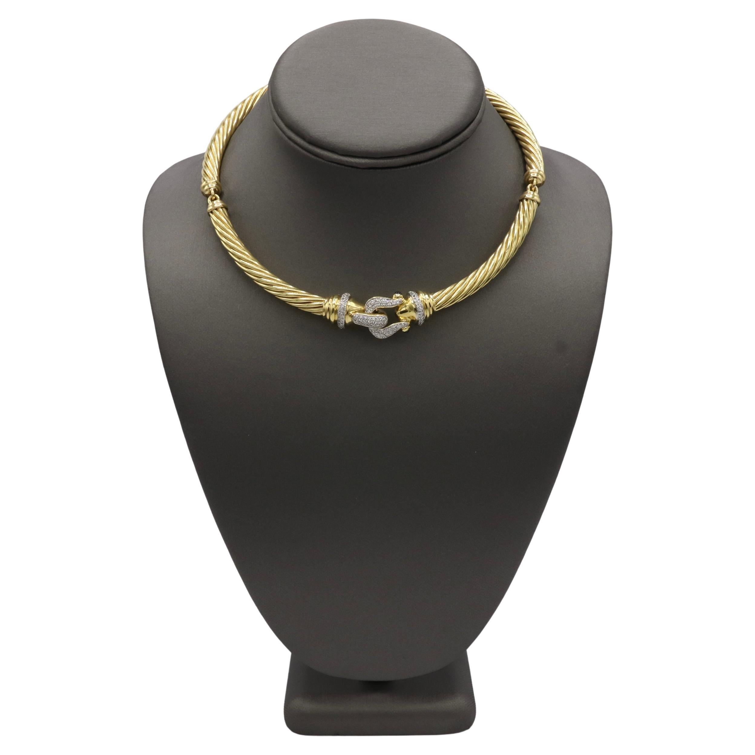 David Yurman 18K Yellow Gold Natural Diamond & Sapphire Buckle Cable Necklace
Metal: 18k yellow gold
Weight: 70.2 grams
Diamonds: Approx. 0.75 CTW round natural diamonds G-H VS
Width: 7mm
Signed: ©D. YURMAN 18K 
Length: 16 inches
