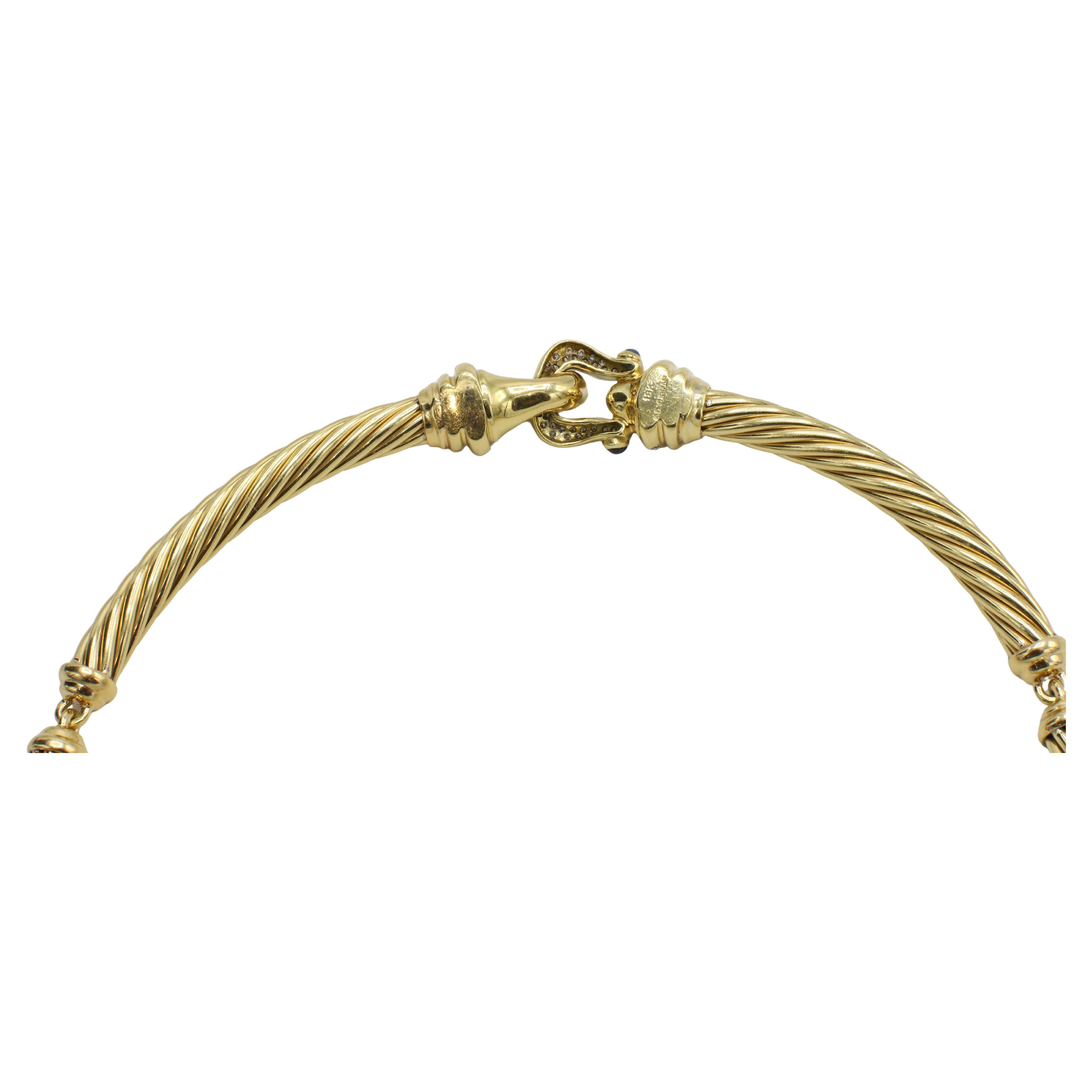 Modern David Yurman 18K Yellow Gold Natural Diamond & Sapphire Buckle Cable Necklace For Sale