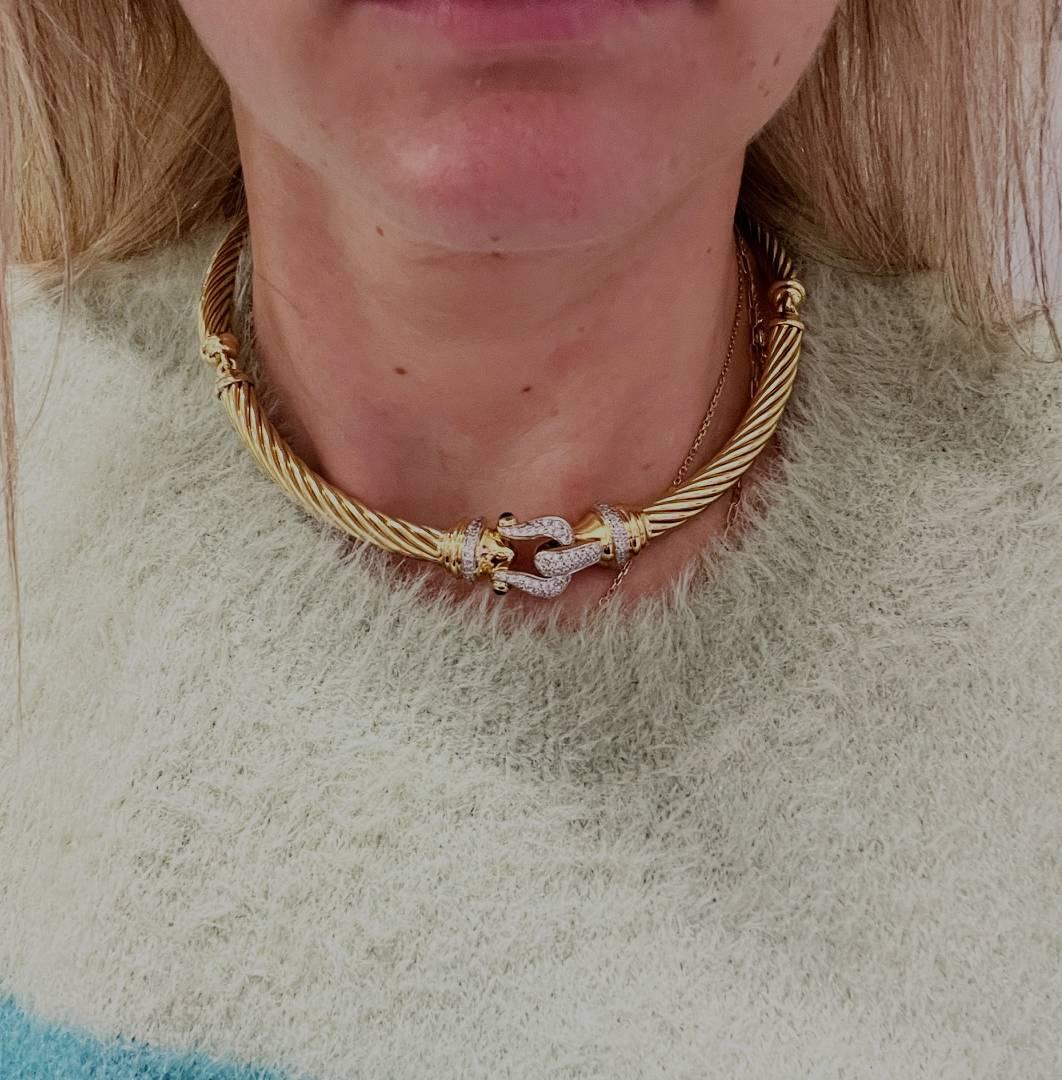 Round Cut David Yurman 18K Yellow Gold Natural Diamond & Sapphire Buckle Cable Necklace For Sale