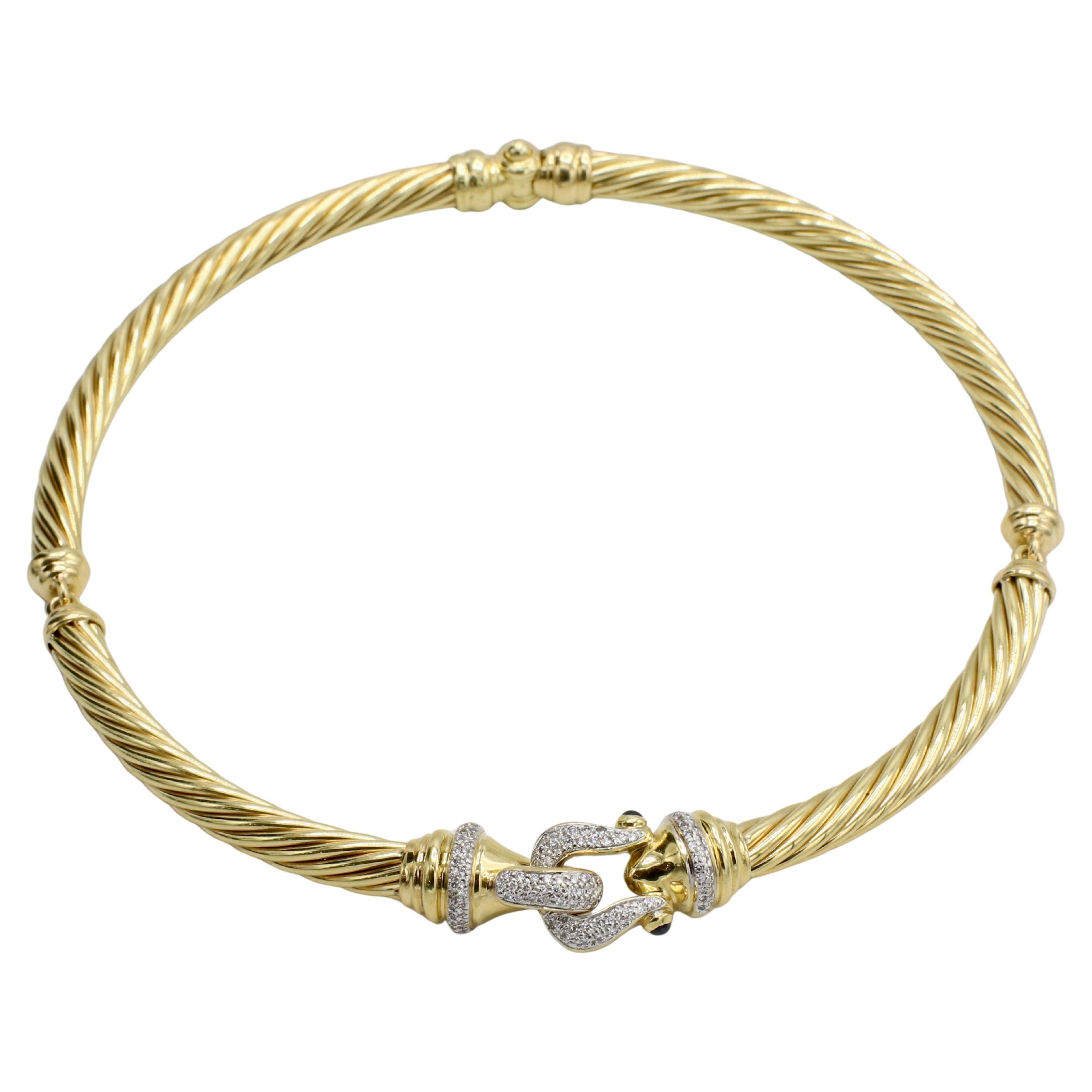 David Yurman 18K Yellow Gold Natural Diamond & Sapphire Buckle Cable Necklace