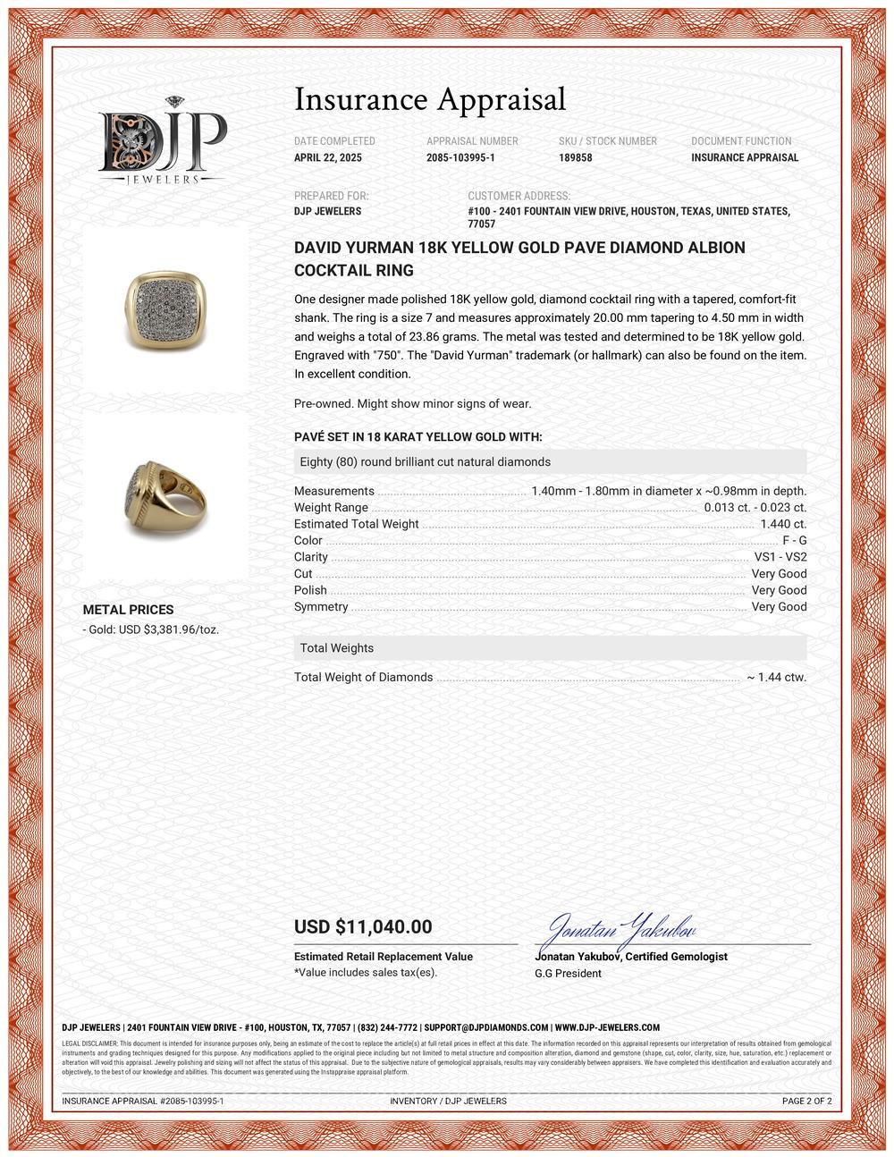 David Yurman 18K Yellow Gold Pave Diamond Albion Cocktail Ring 5
