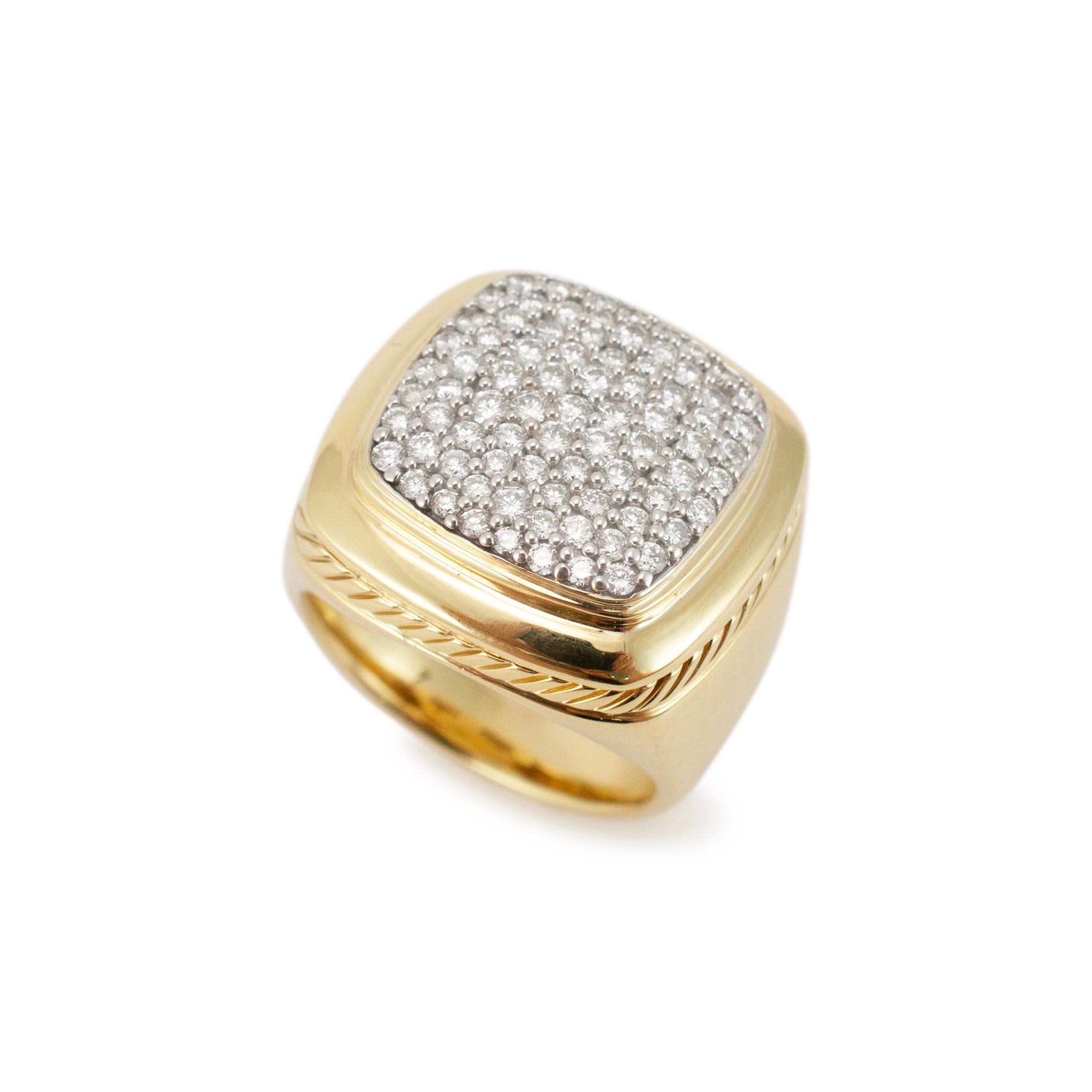 Brand: David Yurman

Metal Type: 18K Yellow Gold

Ring Size: 7

Width: 20.00 mm Tapering to 4.50 mm

Weight: 23.86 grams

18K yellow gold diamond cocktail ring with a tapered, comfort-fit shank. The metal was tested and determined to be 18K yellow