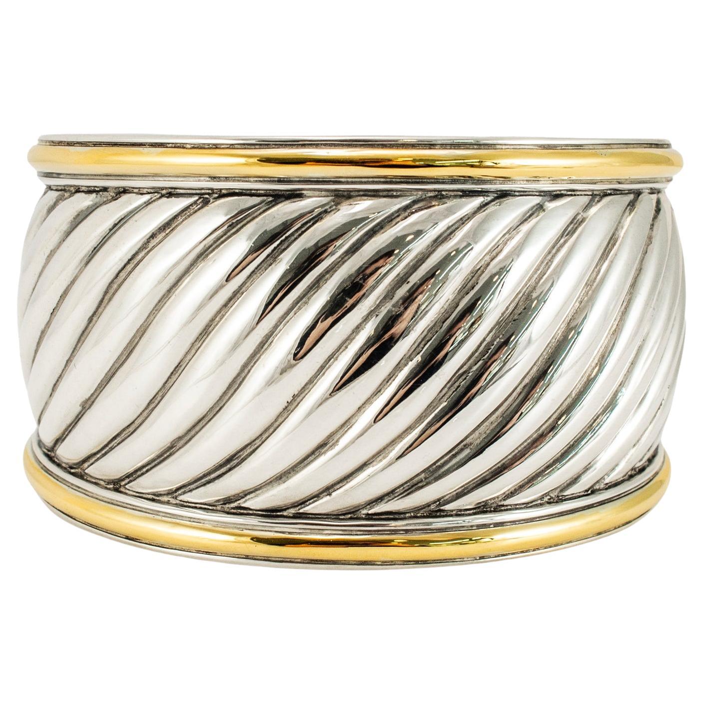 David Yurman 18K Yellow Gold Silver Two-Tone Sculpted Cable Cuff Bangle Bracelet