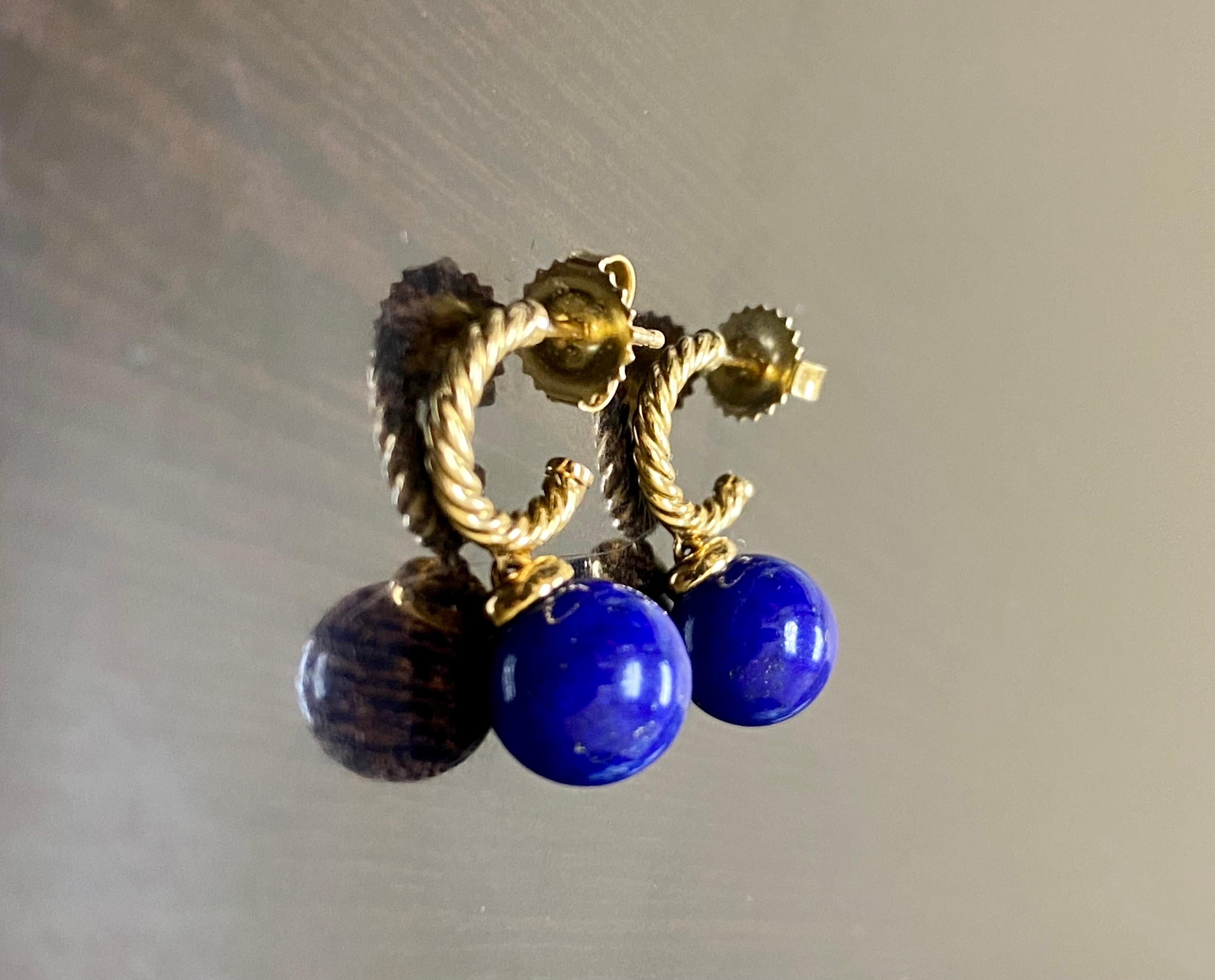 David Yurman 18K Yellow Gold Solari Lapis Luzuli Sphere Hoop Drop Earrings For Sale 1