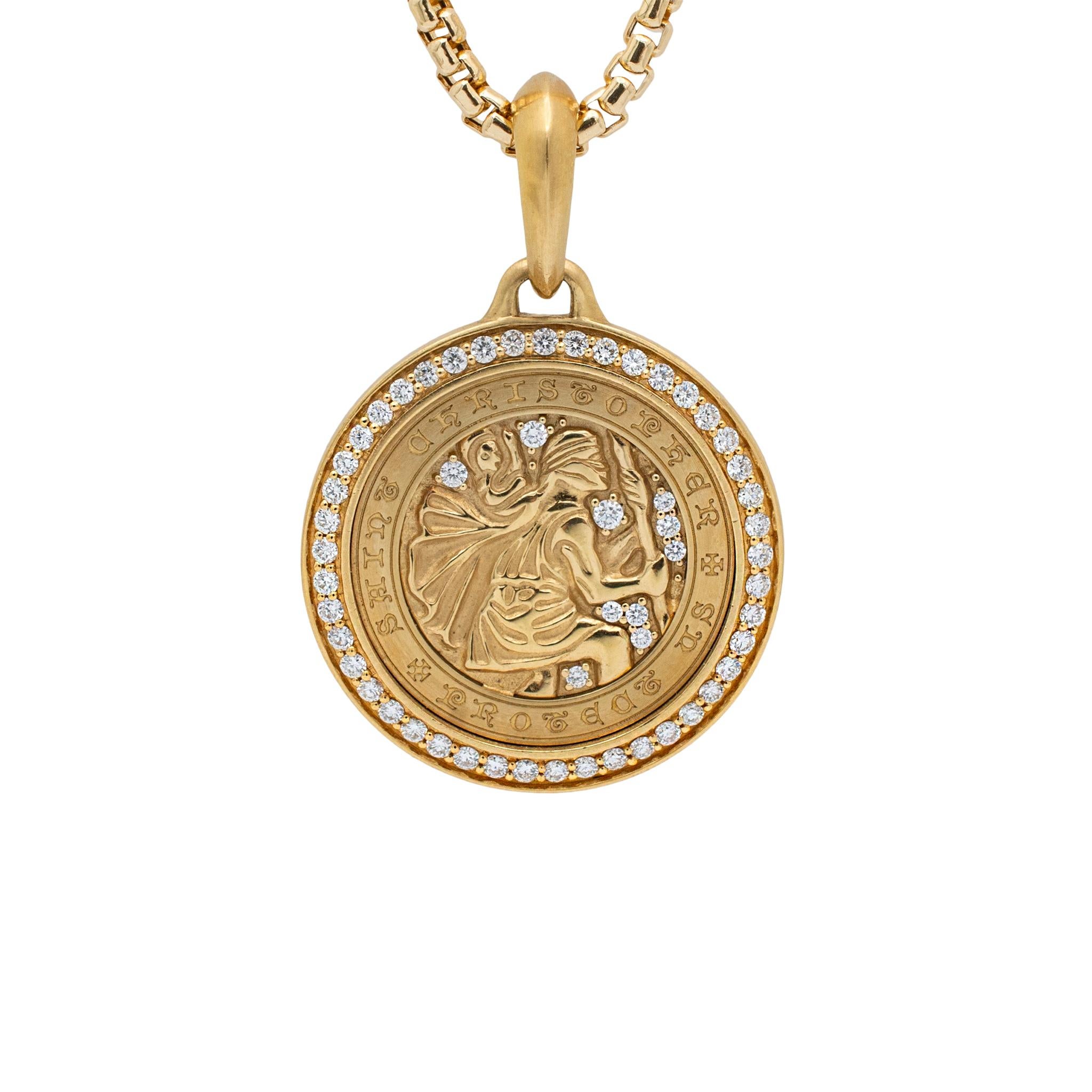 Brand: David Yurman

Metal Type: 18K Yellow Gold

Chain Length: 20 Inches

Pendant Length: 34.50 mm

Total Weight: 26.66 grams

Expertly crafted by David Yurman, this St. Christopher Amulet Diamond Pendant Necklace is a stunning addition to any