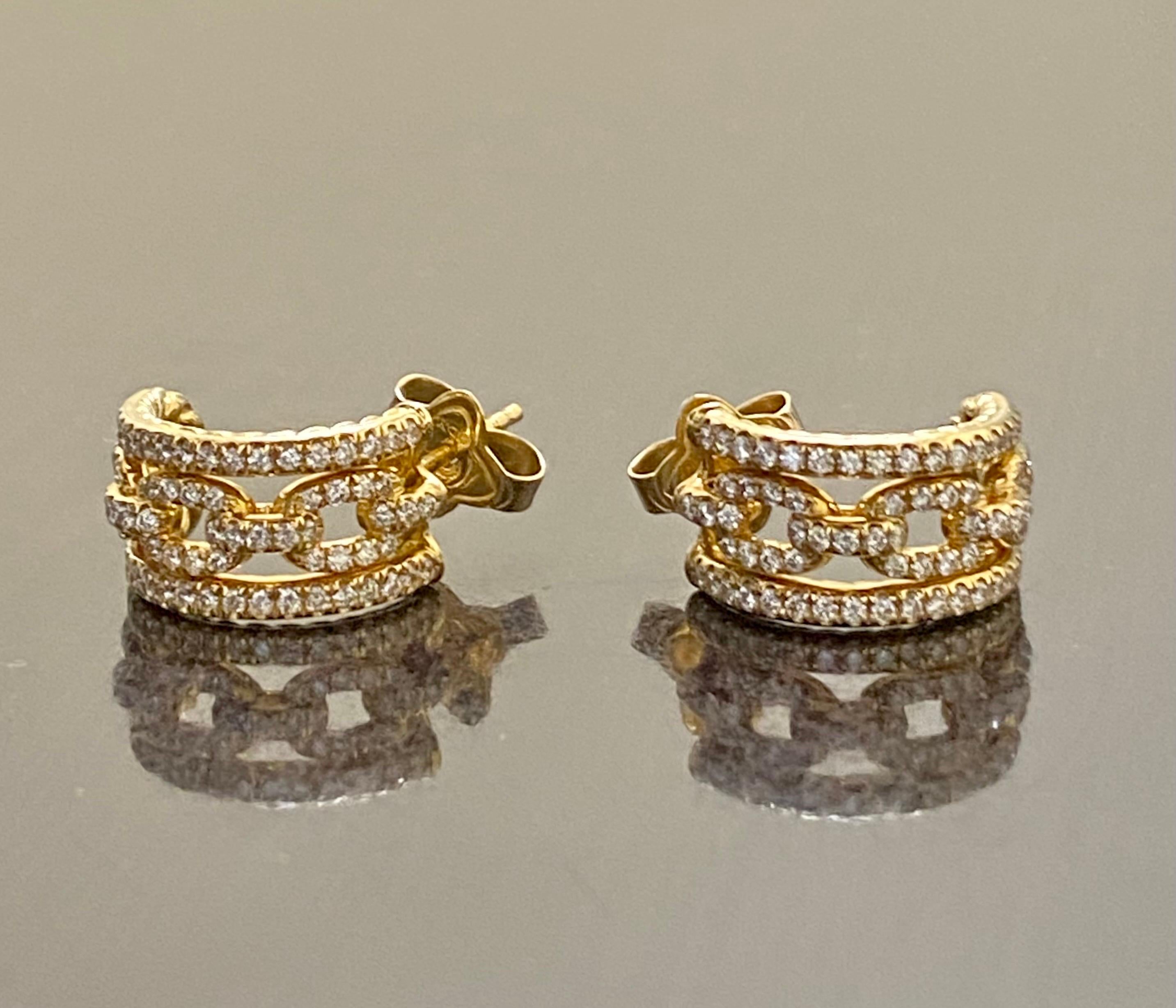Women's David Yurman 18K Yellow Gold Stax Chain Link Diamond Huggie Hoope Earrings  For Sale