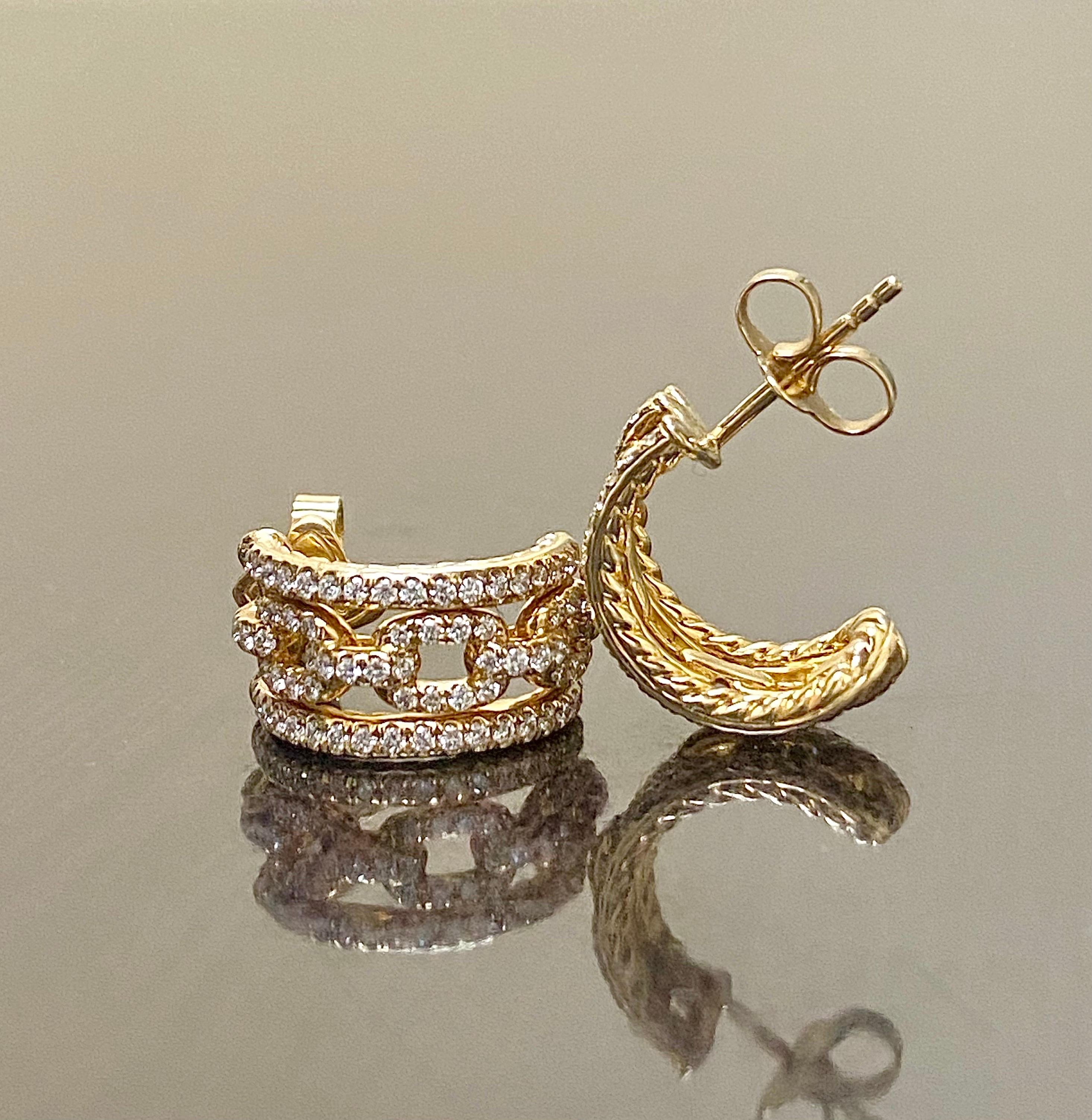 David Yurman 18K Yellow Gold Stax Chain Link Diamond Huggie Hoope Earrings  For Sale 2
