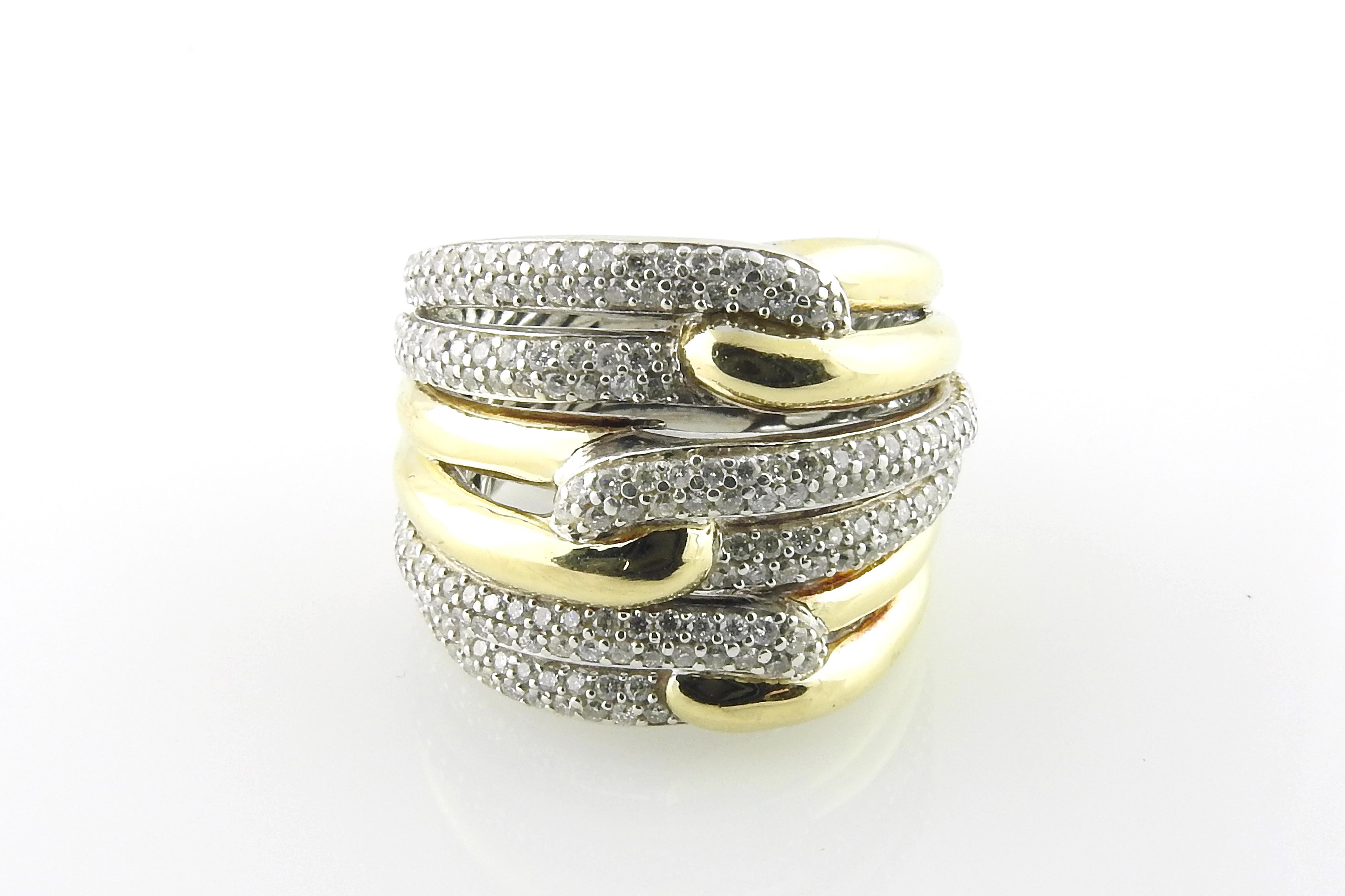 David Yurman Triple Loop Labyrinth Diamond Band

This stunning David Yurman ring is set in 18K yellow gold and sterling silver

White pave diamonds are set in white gold in front of ring

Approx. 1ct in diamonds. VS clarity, G color

Band is approx.