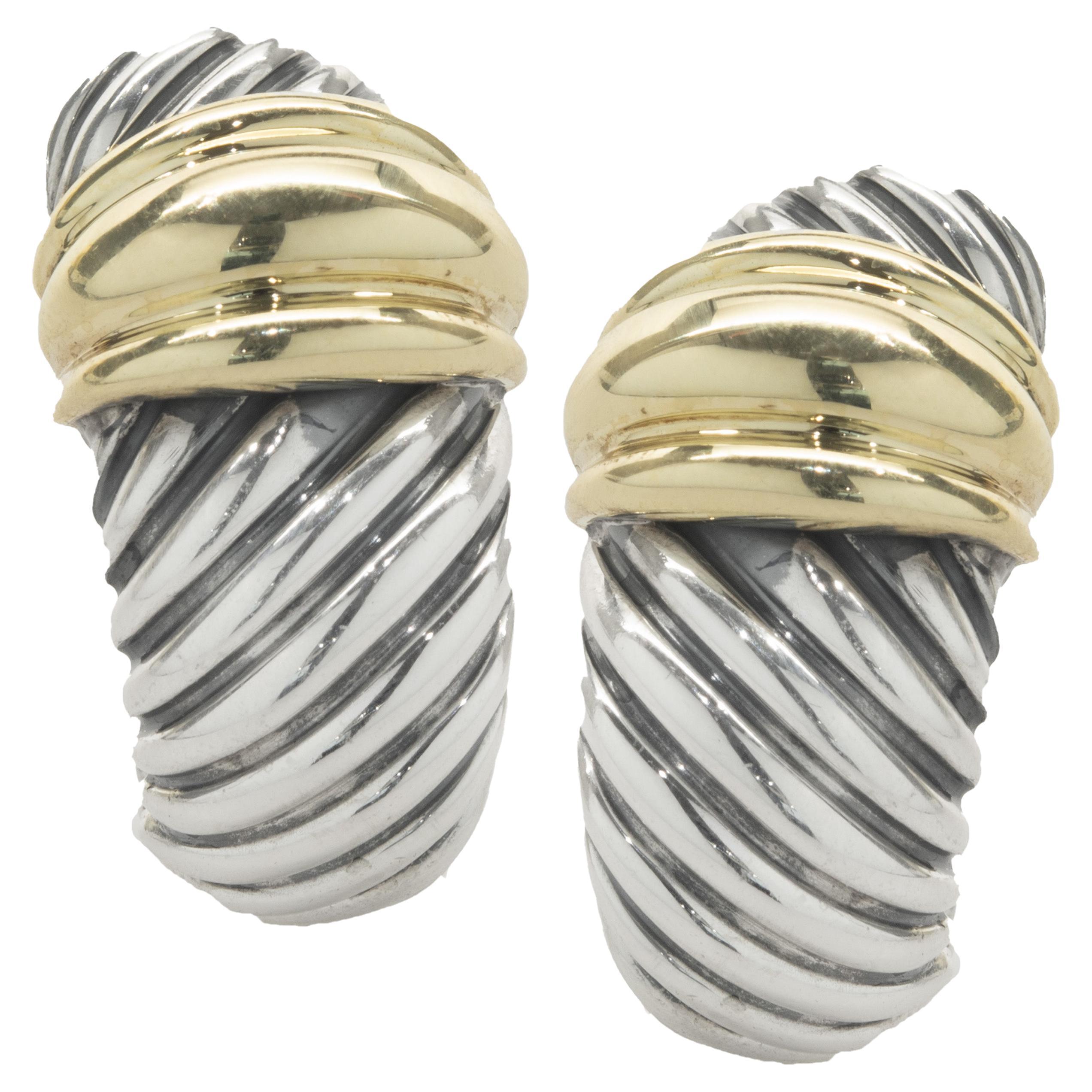 David Yurman 18k Yellow Gold & Sterling Silver Cable Shrimp Huggie Hoop Earrings