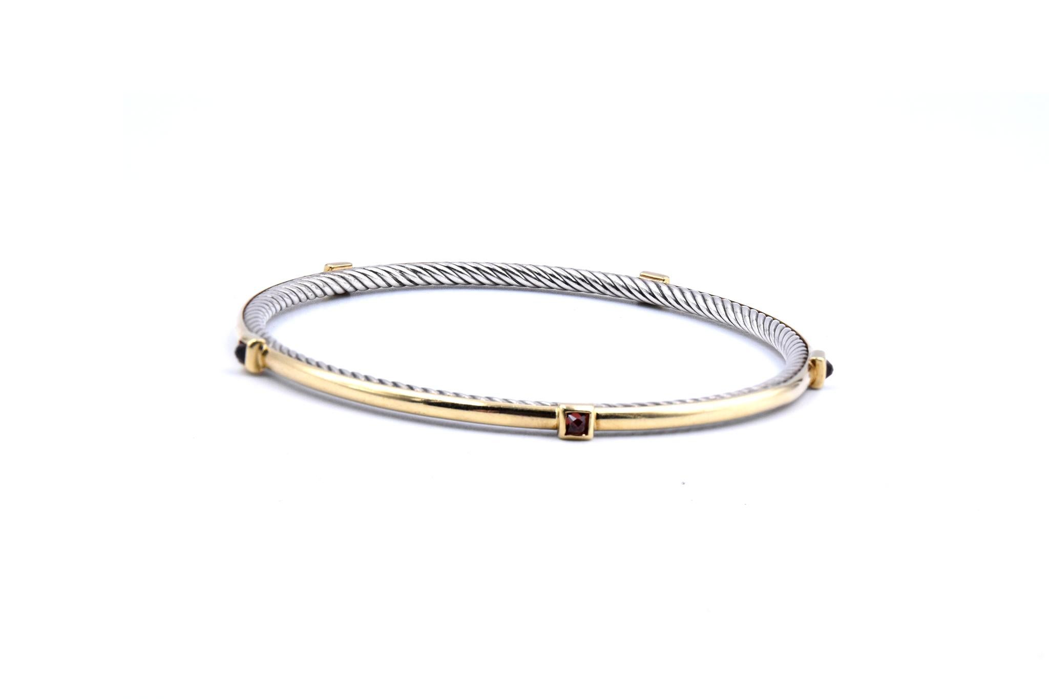 David Yurman 18 Karat Gelbgold und Sterling Silber Granat-Armreif (Carréeschliff)