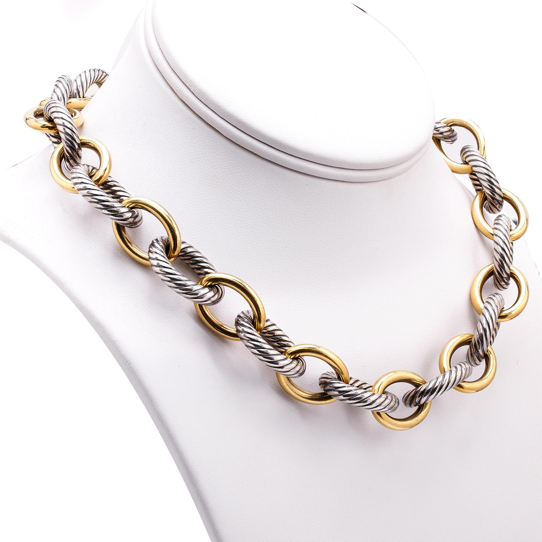 David Yurman 18k Yellow Gold Sterling Silver Oval Link Chain Necklace In Excellent Condition For Sale In Beverly Hills, CA