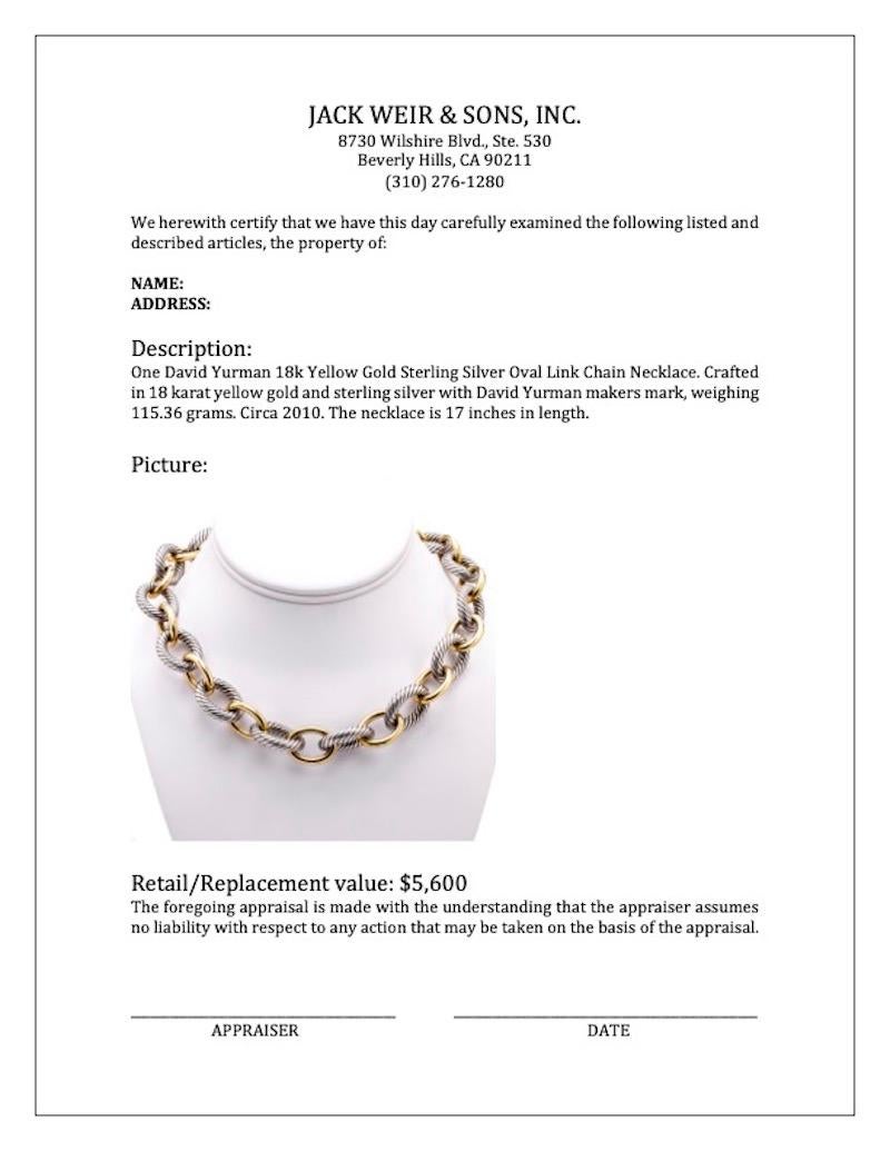 David Yurman 18k Yellow Gold Sterling Silver Oval Link Chain Necklace In Excellent Condition In Beverly Hills, CA