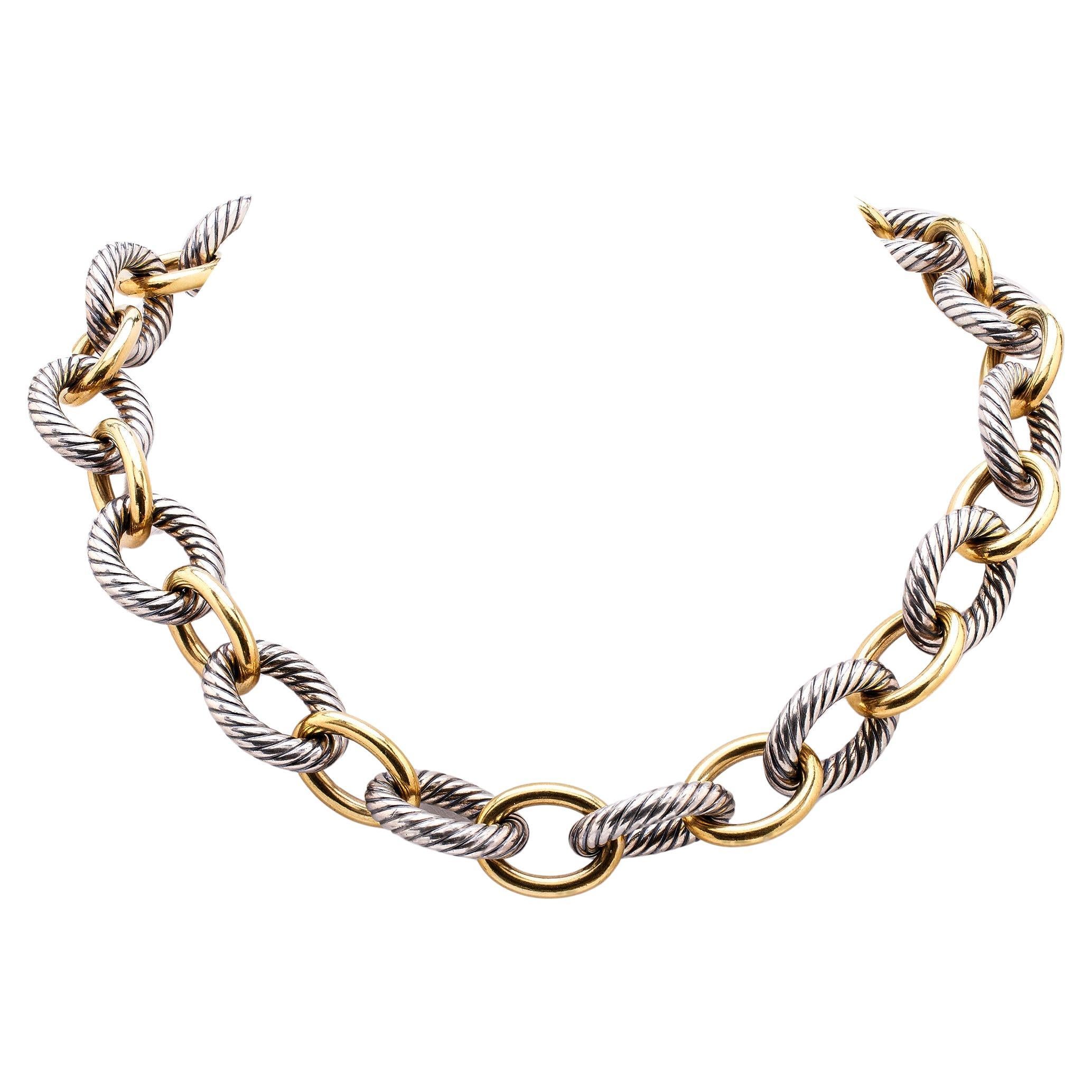 David Yurman 18k Yellow Gold Sterling Silver Oval Link Chain Necklace For Sale