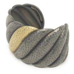 David Yurman 18k Yellow Gold & Sterling Silver Wide Hammered Twist Cuff Bracelet