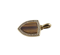 David Yurman 18K Yellow Gold Tiger's Eye & Diamond Shield Amulet Pendant #17994