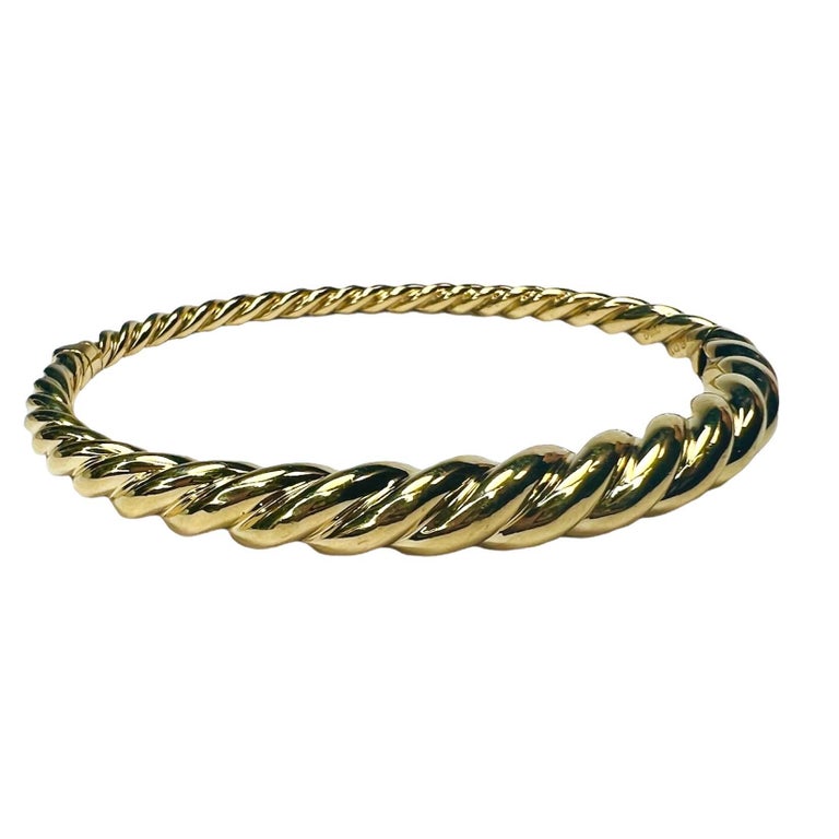 Estate 14KT Yellow Gold Rope Cable Twist Ball End Cuff Bangle