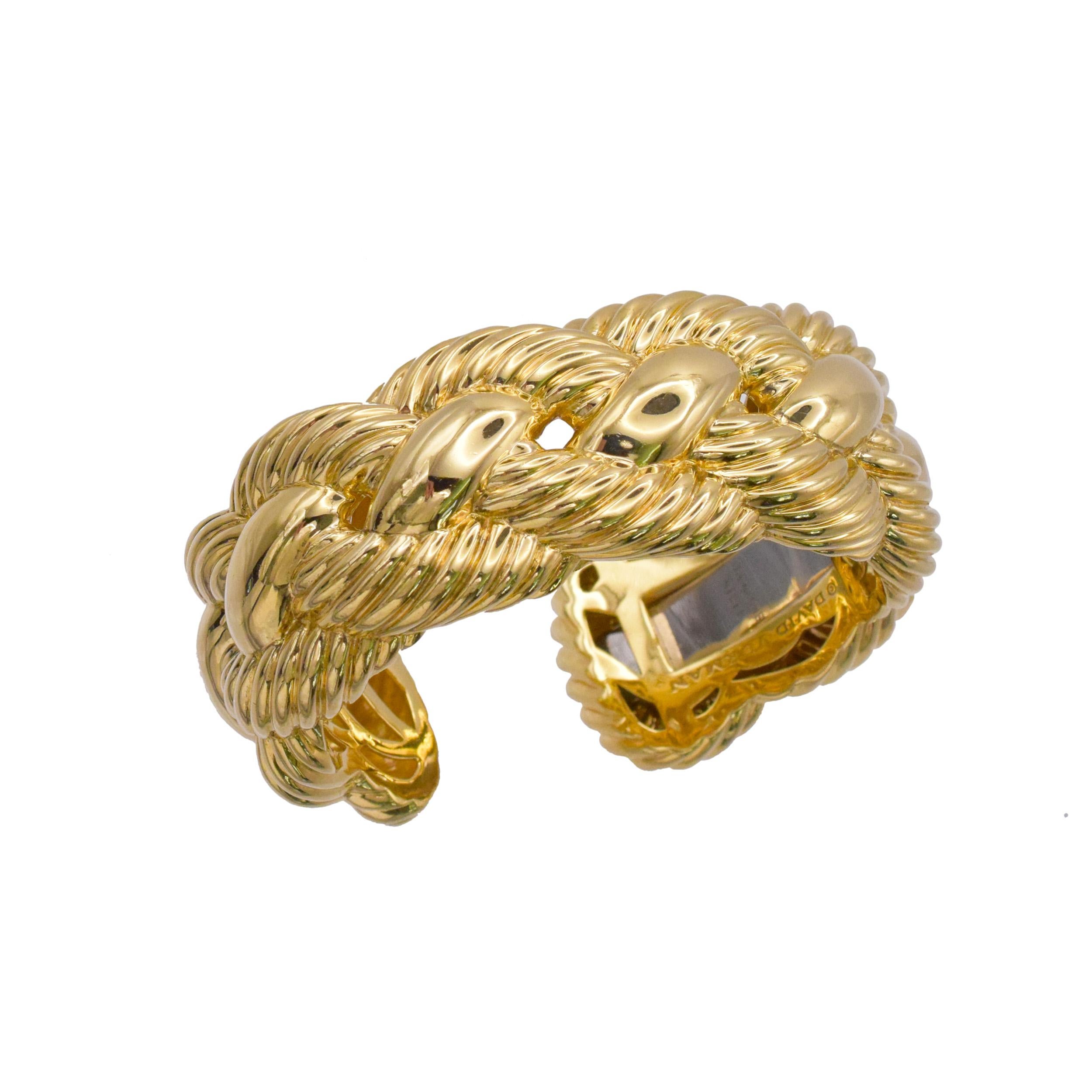 Artist David Yurman 18k Yellow Gold Wide Woven Cable Cuff Bracelet. For Sale