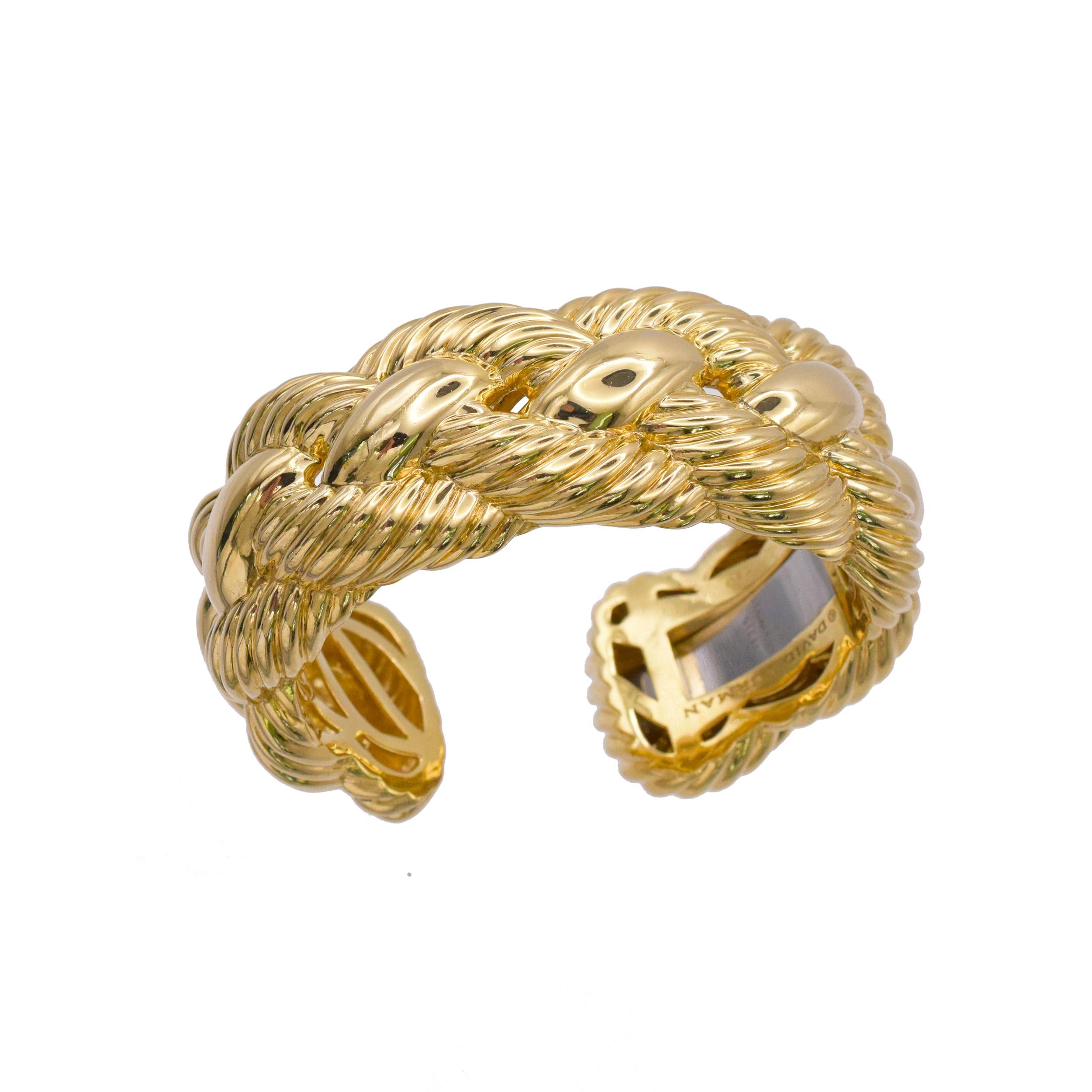 David Yurman 18k Yellow Gold Wide Woven Cable Cuff Bracelet. For Sale 1