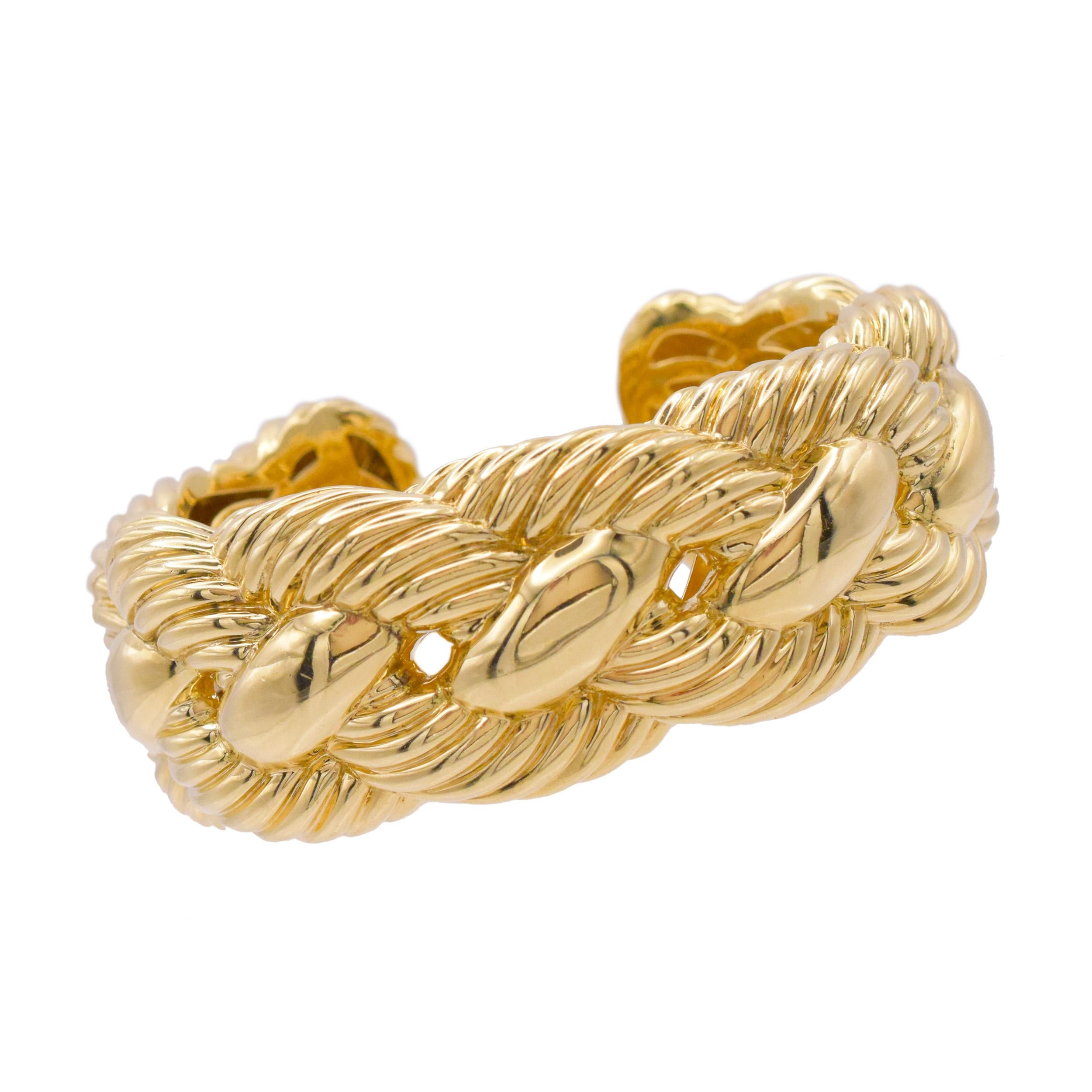 David Yurman 18k Yellow Gold Wide Woven Cable Cuff Bracelet. For Sale 3