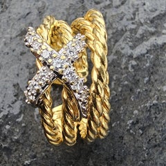 David Yurman 18k Yellow Gold X Diamond Crossover Ring Band sz 6 10.8g Open Shank