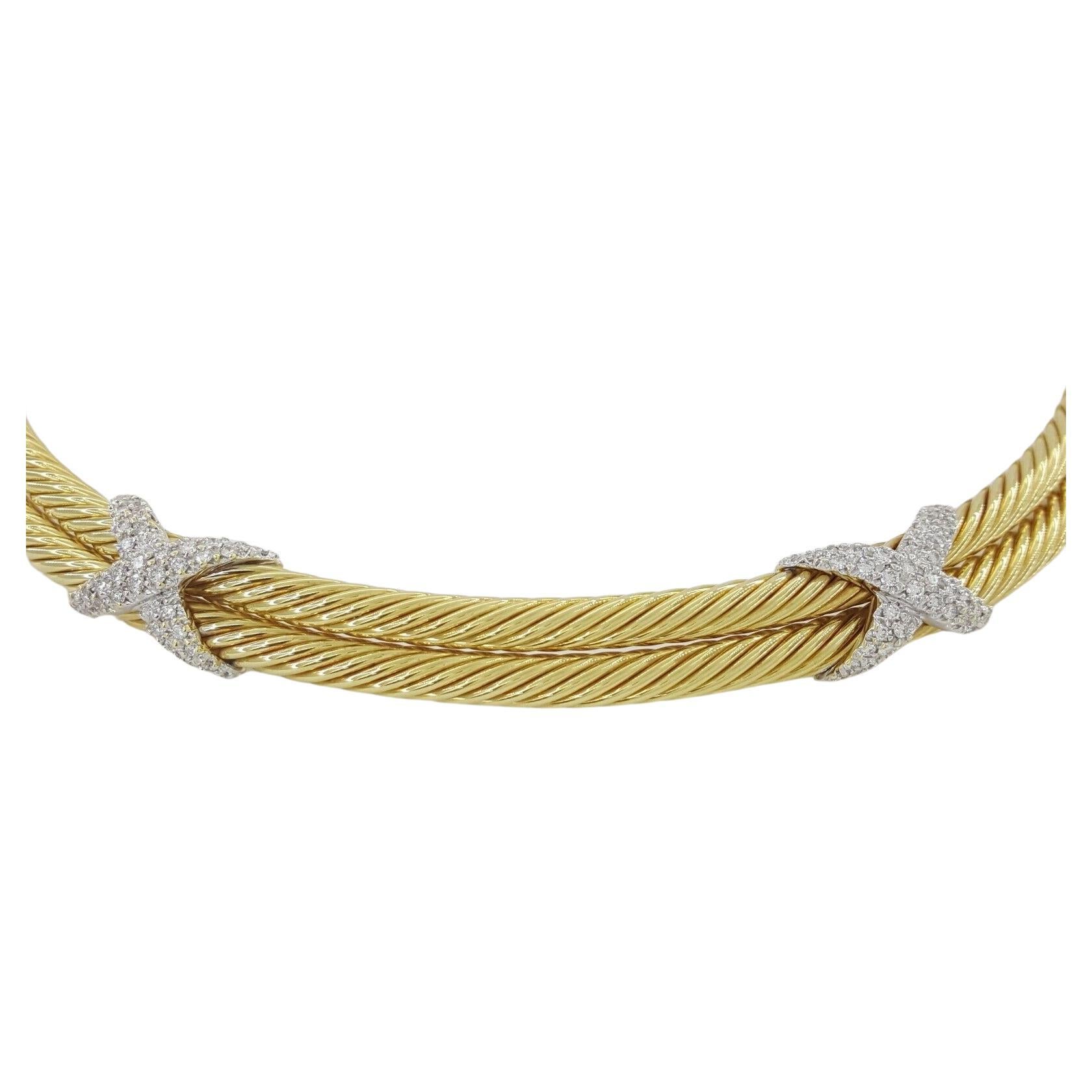Taille ronde David Yurman Collier ras du cou en or jaune 18 carats à double câble souple « X » en vente