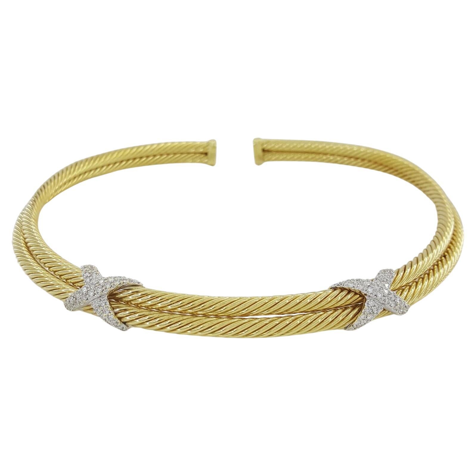 David Yurman 18K Yellow Gold "X" Double Cable Flexible Wire Choker Necklace For Sale