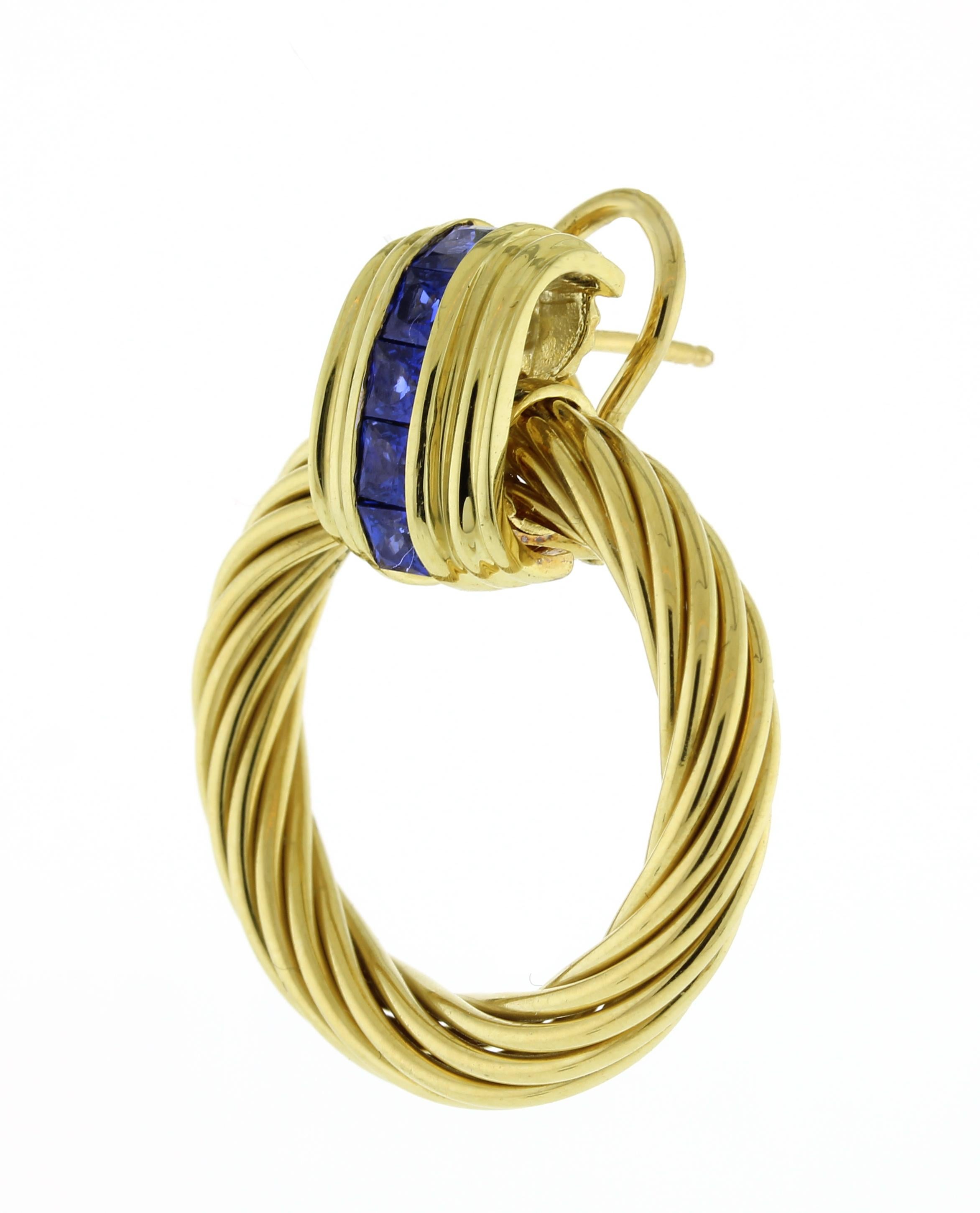 Square Cut David Yurman 18kt Gold and Sapphire Door Knocker Detachable Earrings  For Sale