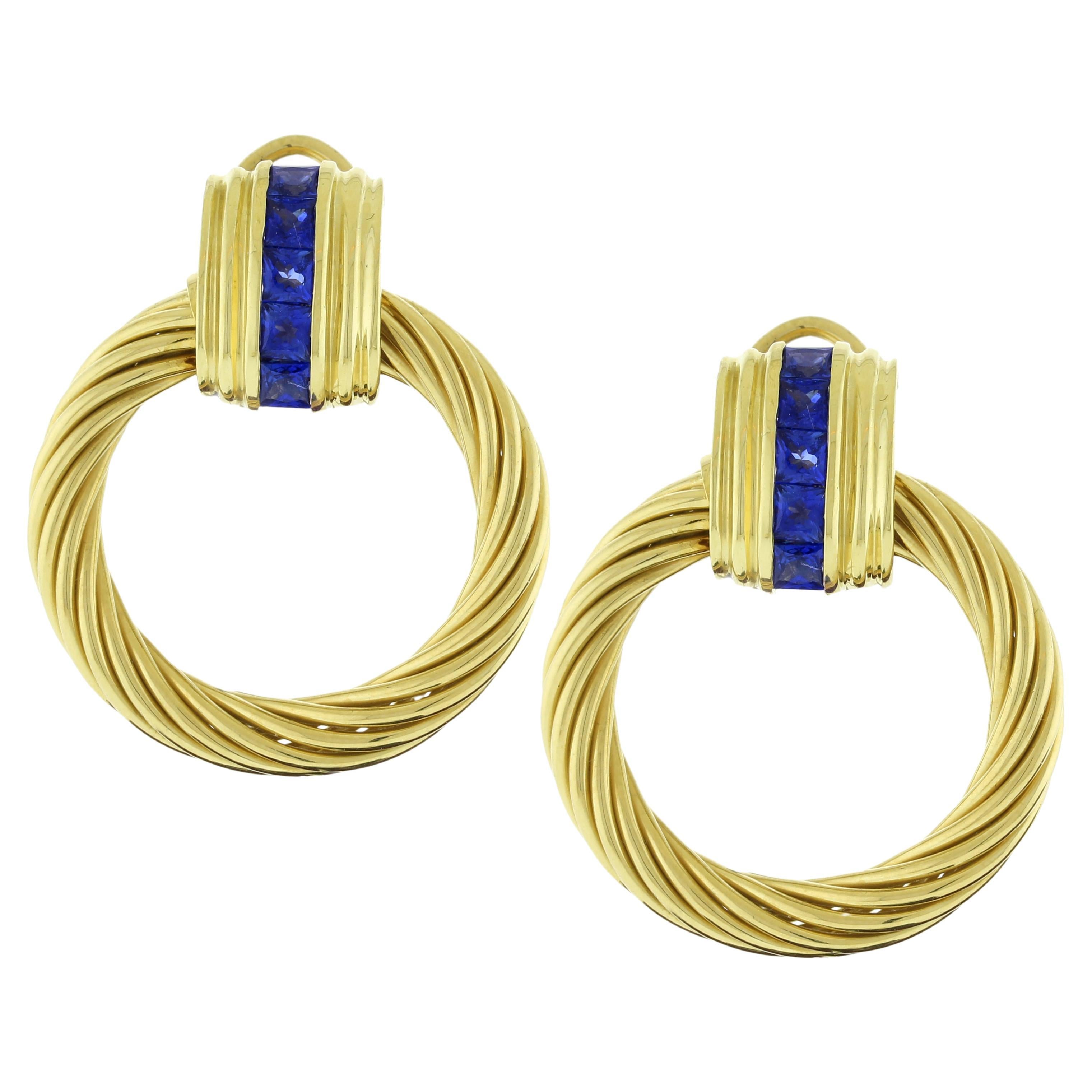 David Yurman 18kt Gold and Sapphire Door Knocker Detachable Earrings  For Sale