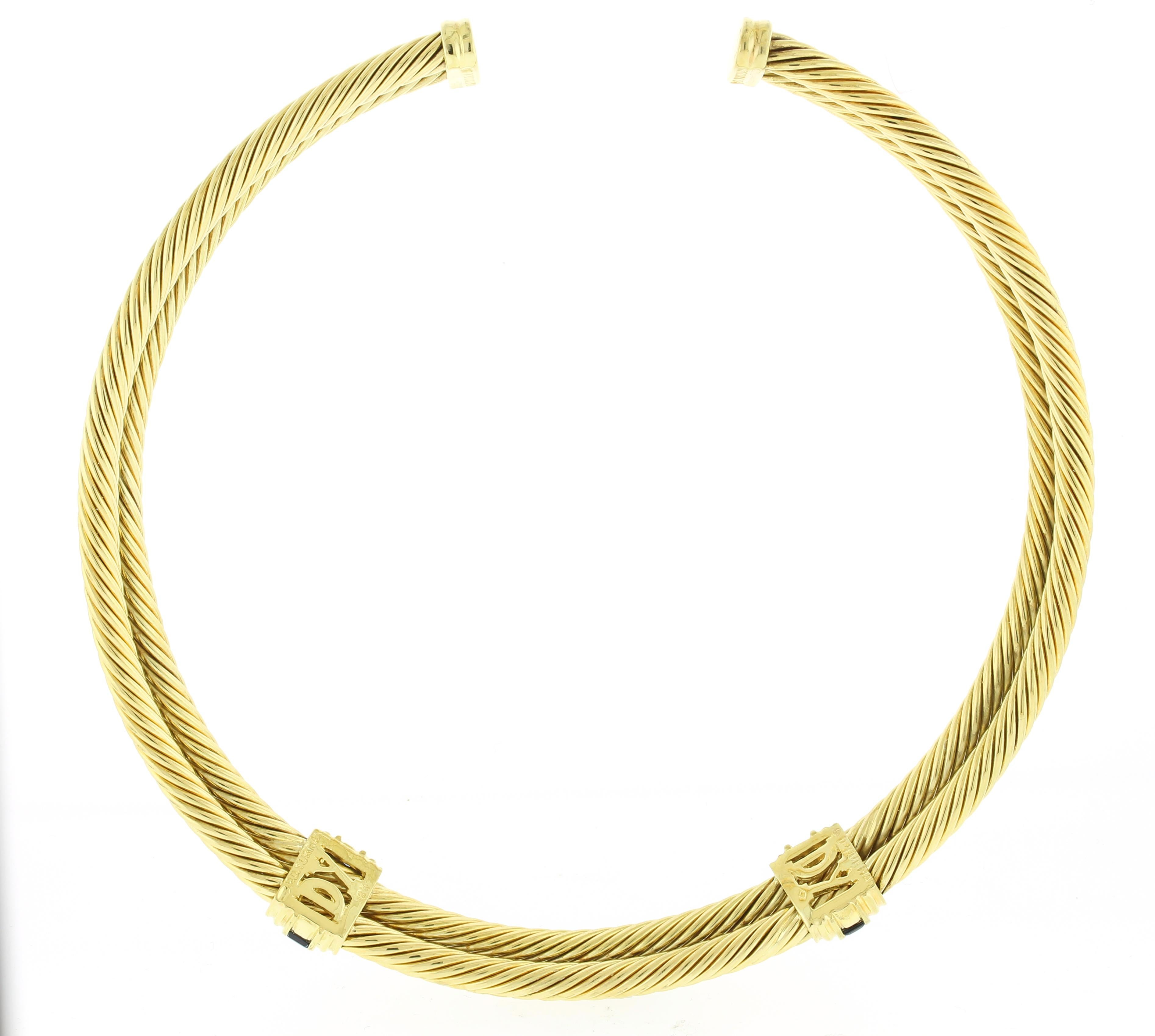 From David Yurman, this cable collar is easy to wear.
♦ Designer: David Yurman
♦ Metal: 18kt yellow gold
♦ Length: 16inches
♦ Gemstone: 10Sapphires= Approx 2.20cts
♦ Packaging: Pampillonia Presentation Box
♦ Condition: Excellent, pre-owned.