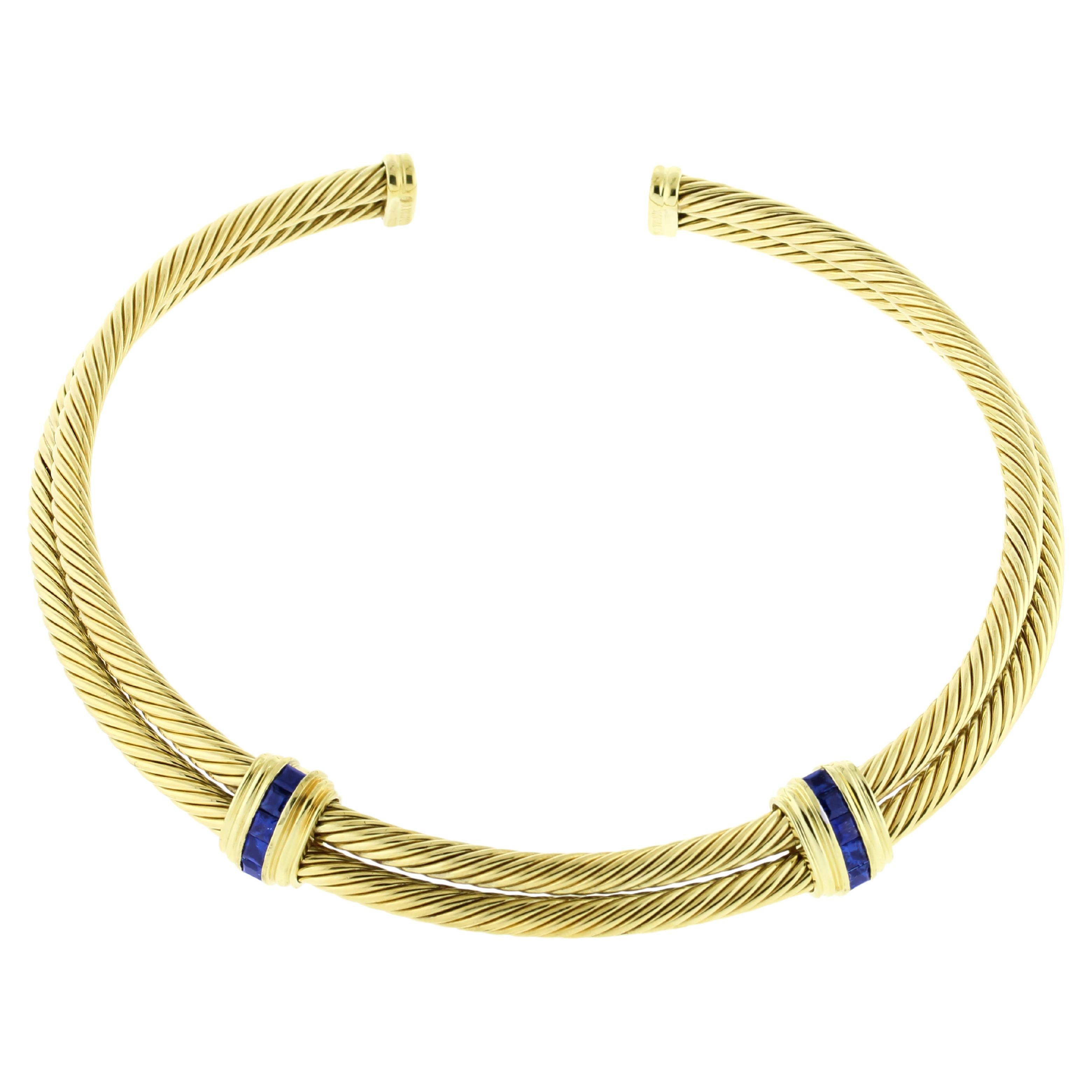 Halskette mit doppeltem Kabelkragen von David Yurman, 18 Karat Gold Saphir im Angebot