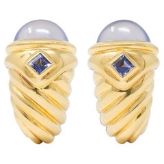 David Yurman 1990 Iolite Chalcedony 18K Gold Vintage Renaissance J-Hoop Earrings