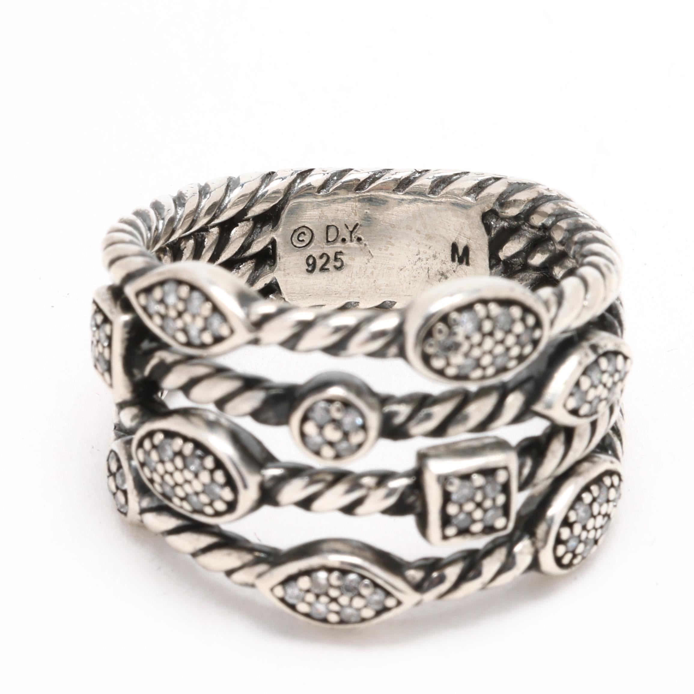 Women's or Men's David Yurman .25ctw Diamond Stacked Band Ring, Sterling Silver, Ring Size 7