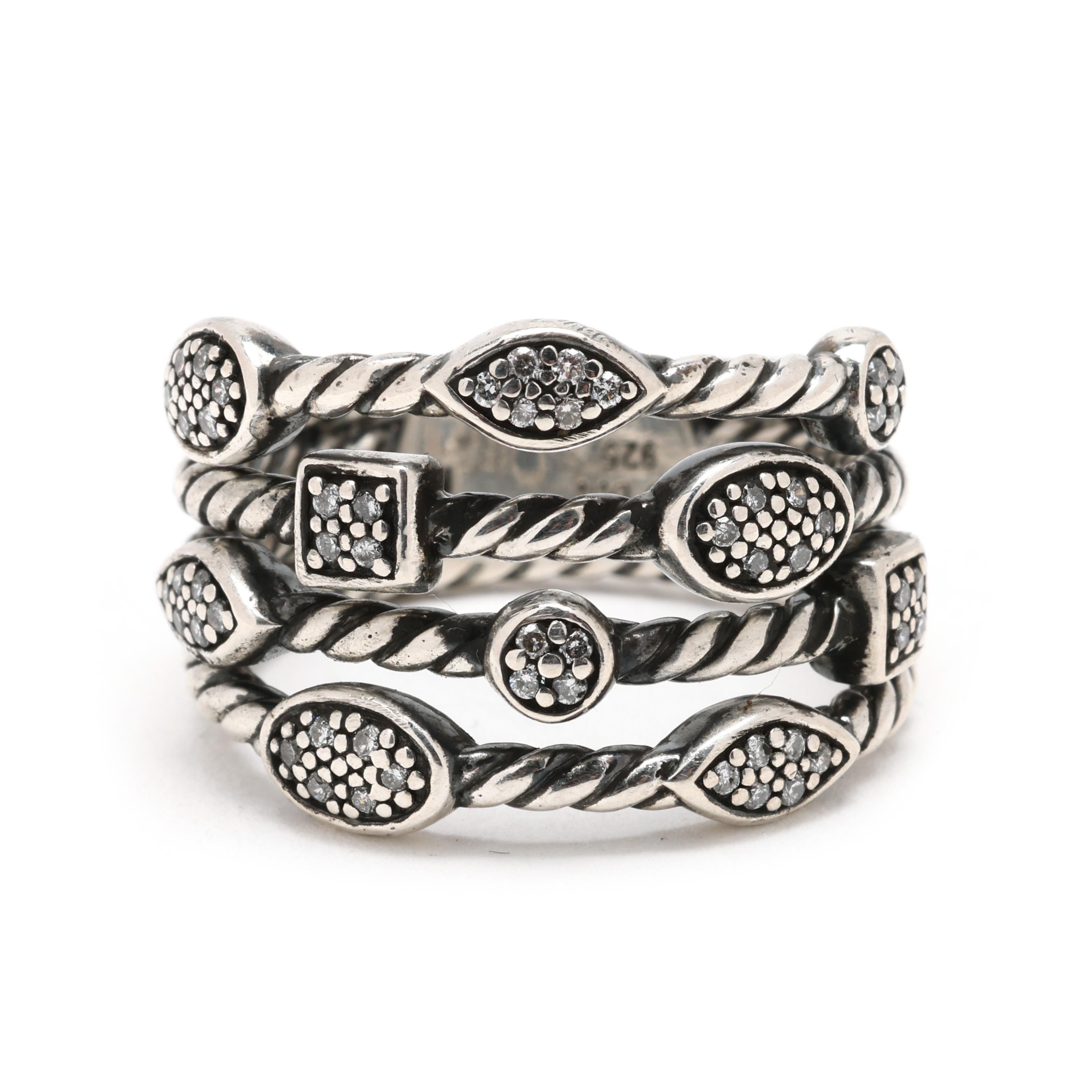David Yurman .25ctw Diamond Stacked Band Ring, Sterling Silver, Ring Size 7