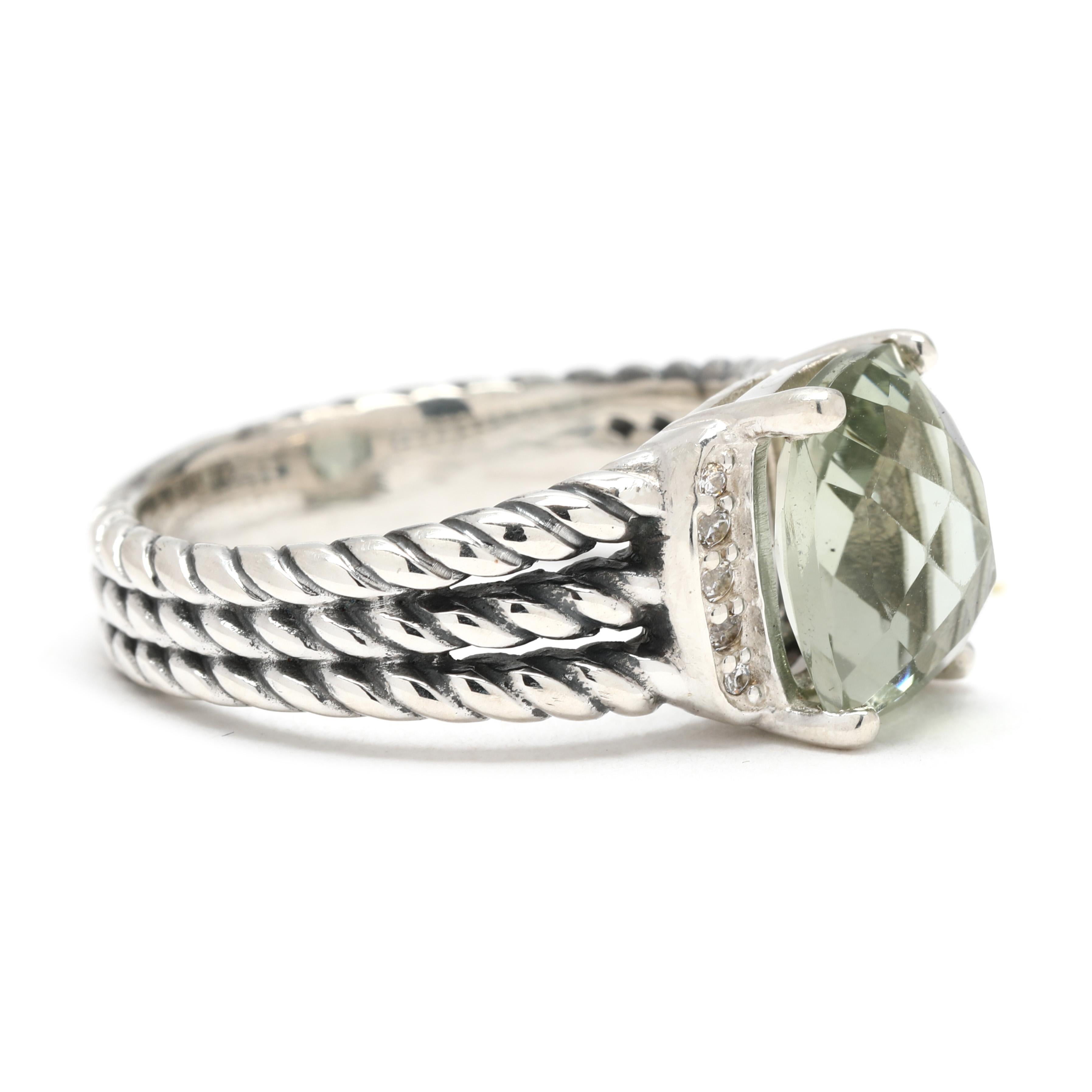 Stones:
-prasiolite
-cushion
-10 x 7.9 mm
-approximately 2.65 total carats
-diamond, 10 stones
-round brilliant cut
-approximately .08 total carats
-GH color/ SI1-2 clarity

Ring Size 7

Length: 10.2 mm

Weight: 3.6 dwts. / 5.6 grams

Stamps: 