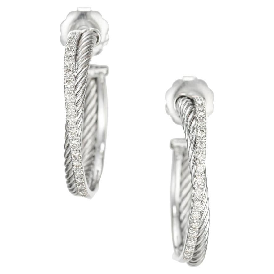 David Yurman .31 Carat Diamond White Gold Sterling SIlver Hoop Earrings  For Sale