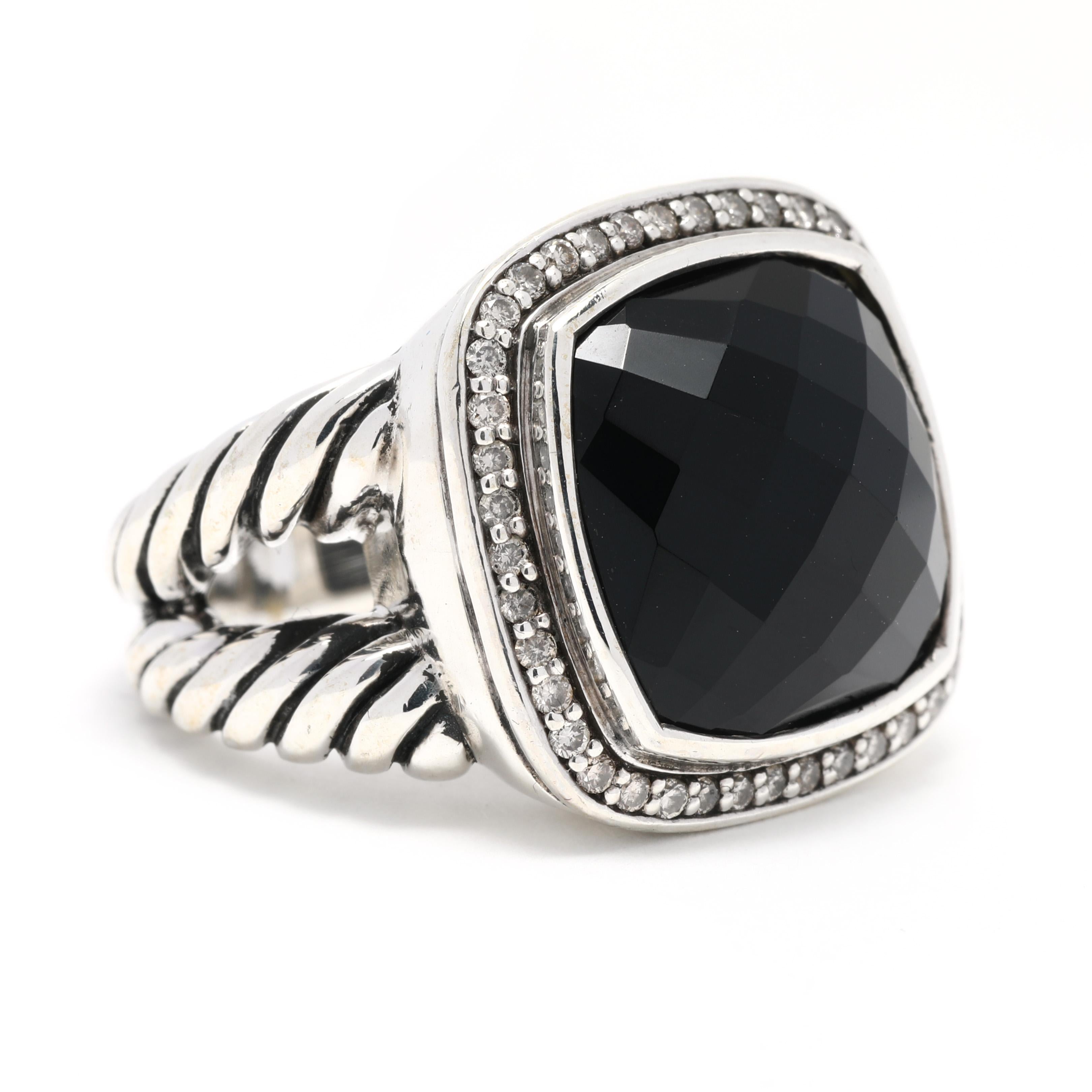 Stones:
- black onyx
- checkerboard cushion
- 14 mm

- diamonds
- round brilliant cut
- approximately .31 total carats
- G-H color, SI clarity

Ring Size 6

Rise Off Of Finger: 9.75 mm

Length: 19.25 mm

Weight: 9.7 dwts. / 15.08 grams

Stamps: 925