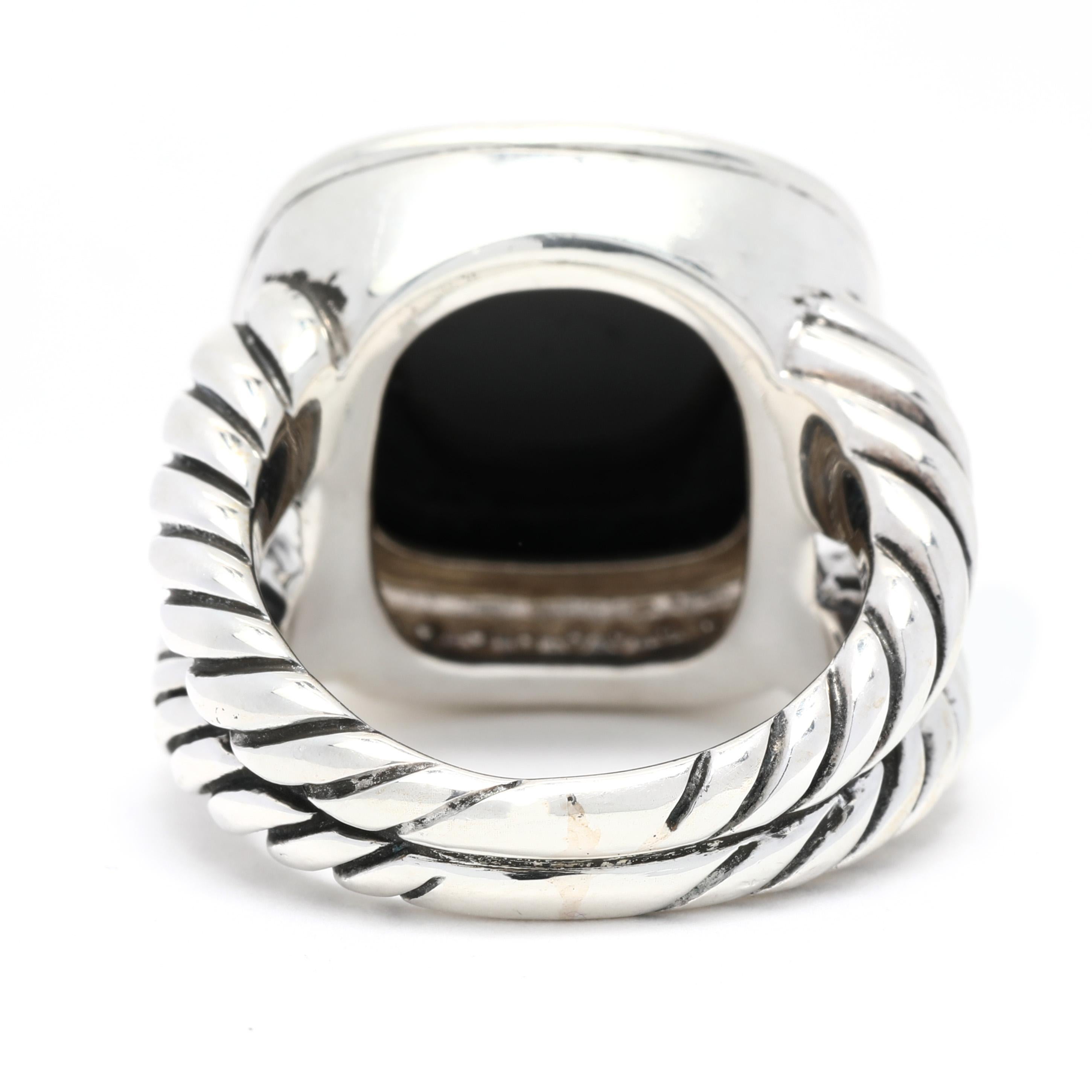Cushion Cut David Yurman .31ctw Diamond Black Onyx Albion Ring, Sterling Silver, Ring For Sale