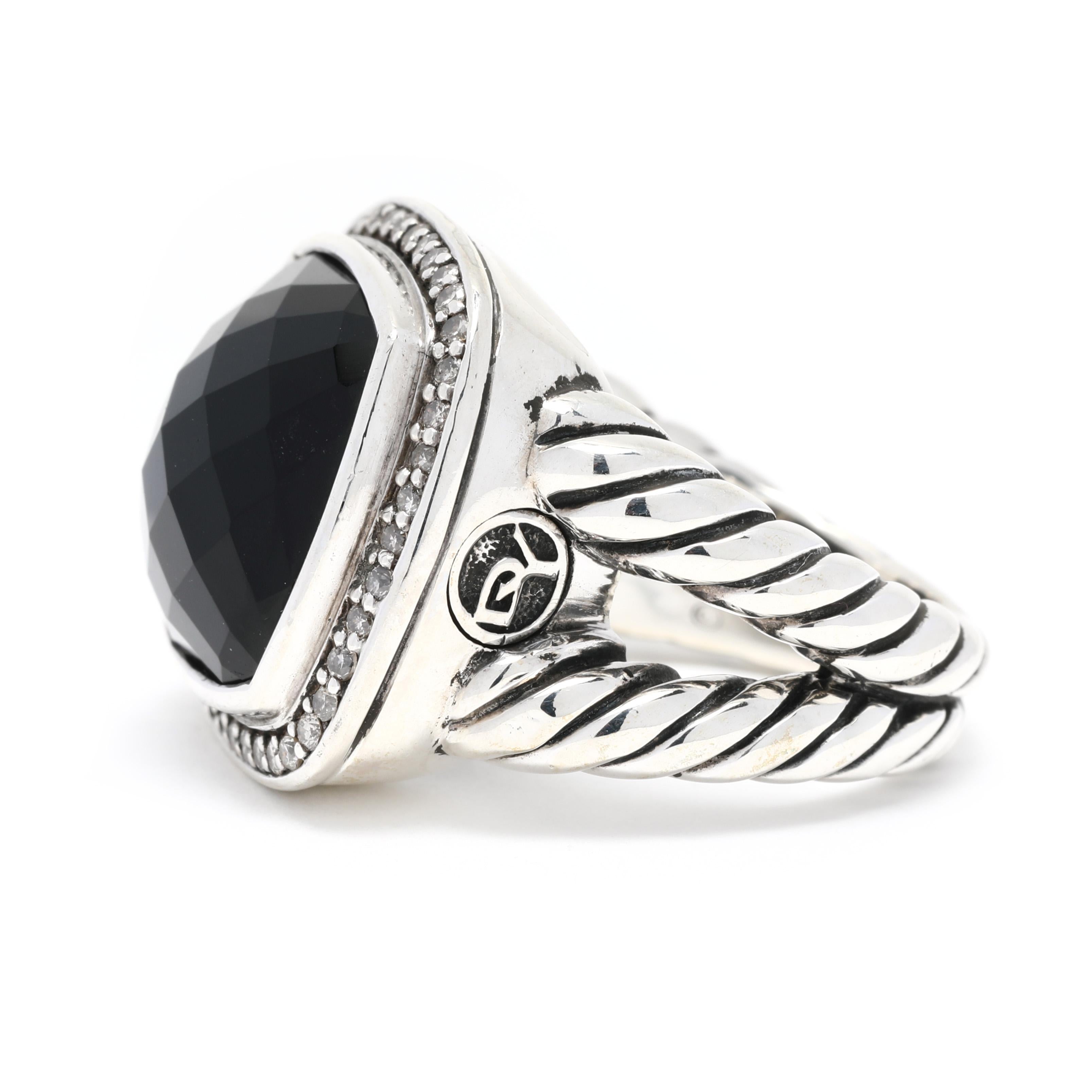 David Yurman .31ctw Diamond Black Onyx Albion Ring, Sterling Silver, Ring In Good Condition For Sale In McLeansville, NC
