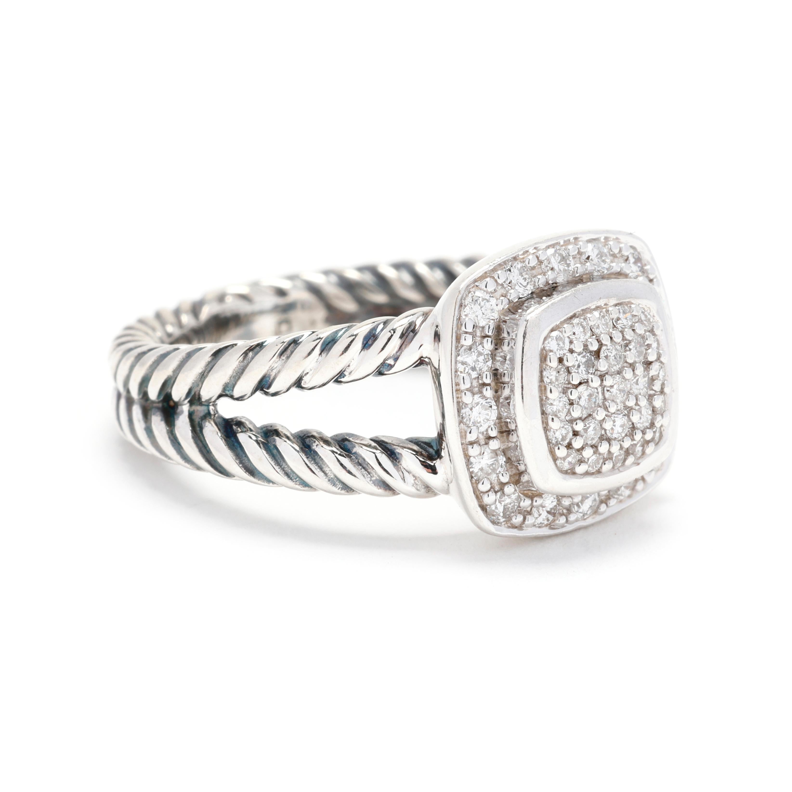 Celebrate your love with this exquisite David Yurman .38ctw Diamond and Sterling Silver Engagement Ring. Meticulously crafted in high-quality sterling silver, this stunning ring features a sparkling round brilliant diamond center stone accented with