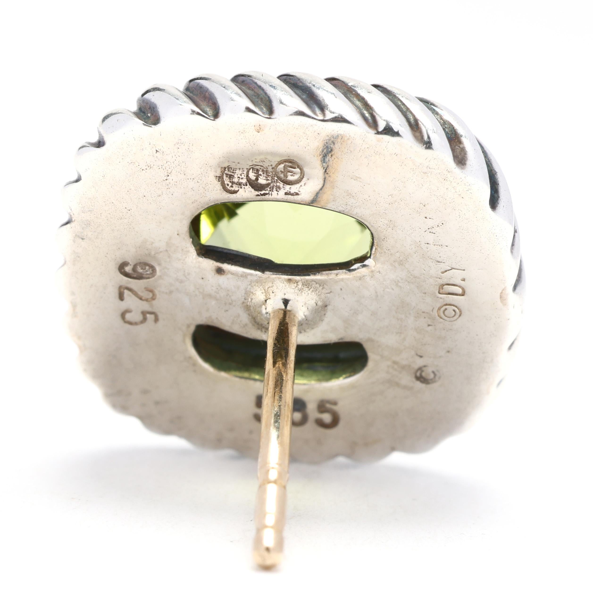 Cushion Cut David Yurman 3ctw Peridot Stud Earrings, Sterling Silver 14k Yellow Gold, Square