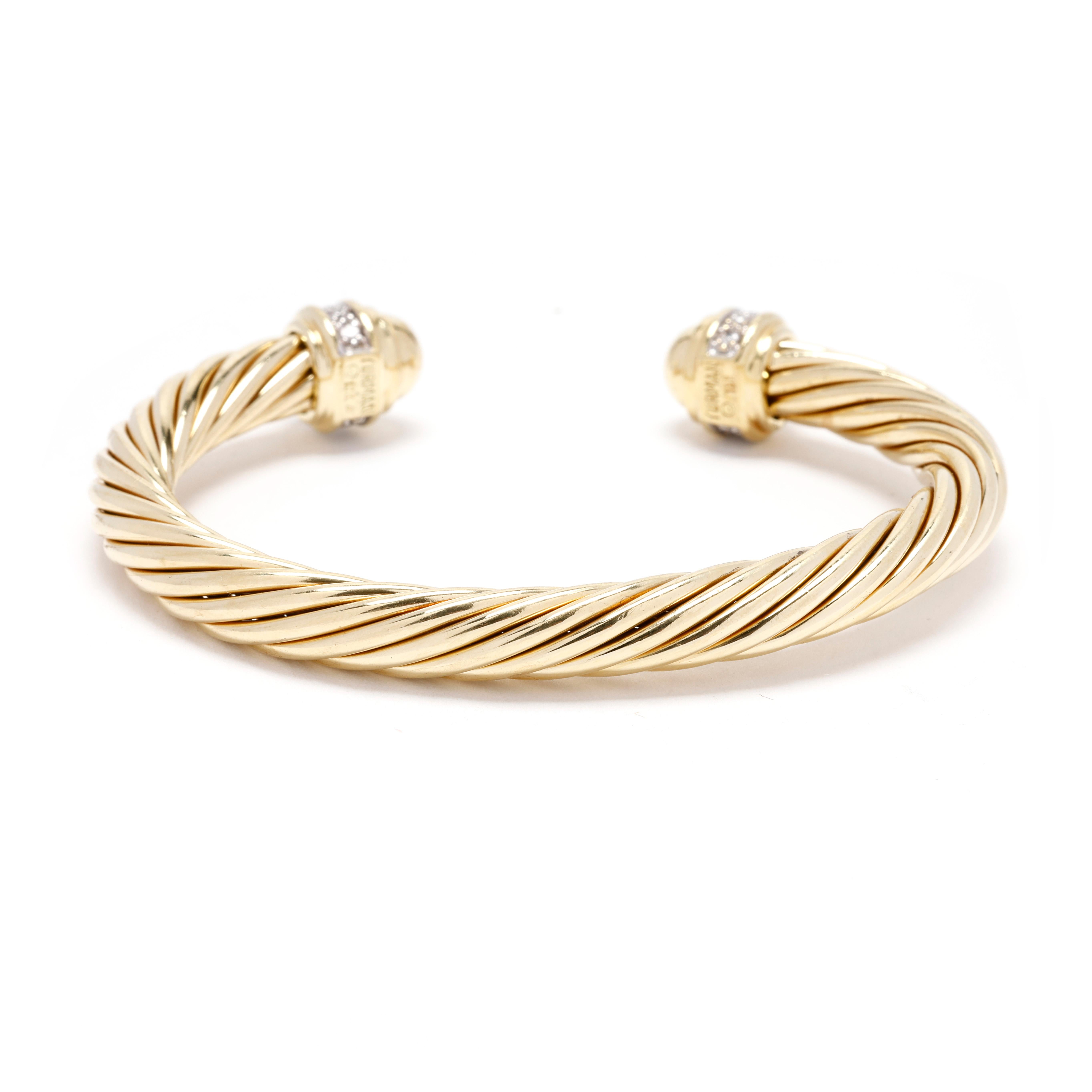 David Yurman .40ctw Diamond and Gold Cuff Bracelet, 18k Yellow Gold, Twisted In Good Condition In McLeansville, NC