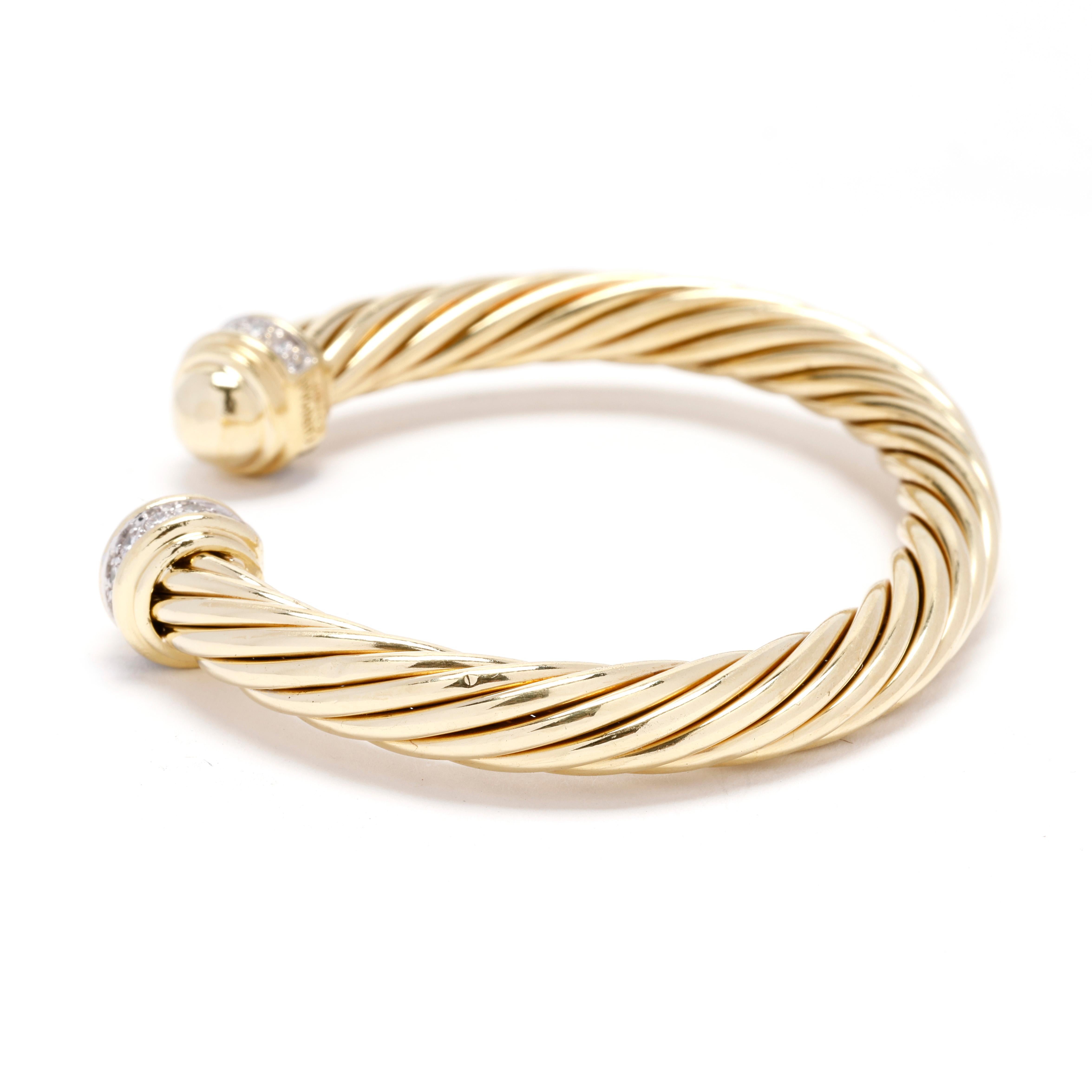 Women's or Men's David Yurman .40ctw Diamond and Gold Cuff Bracelet, 18k Yellow Gold, Twisted
