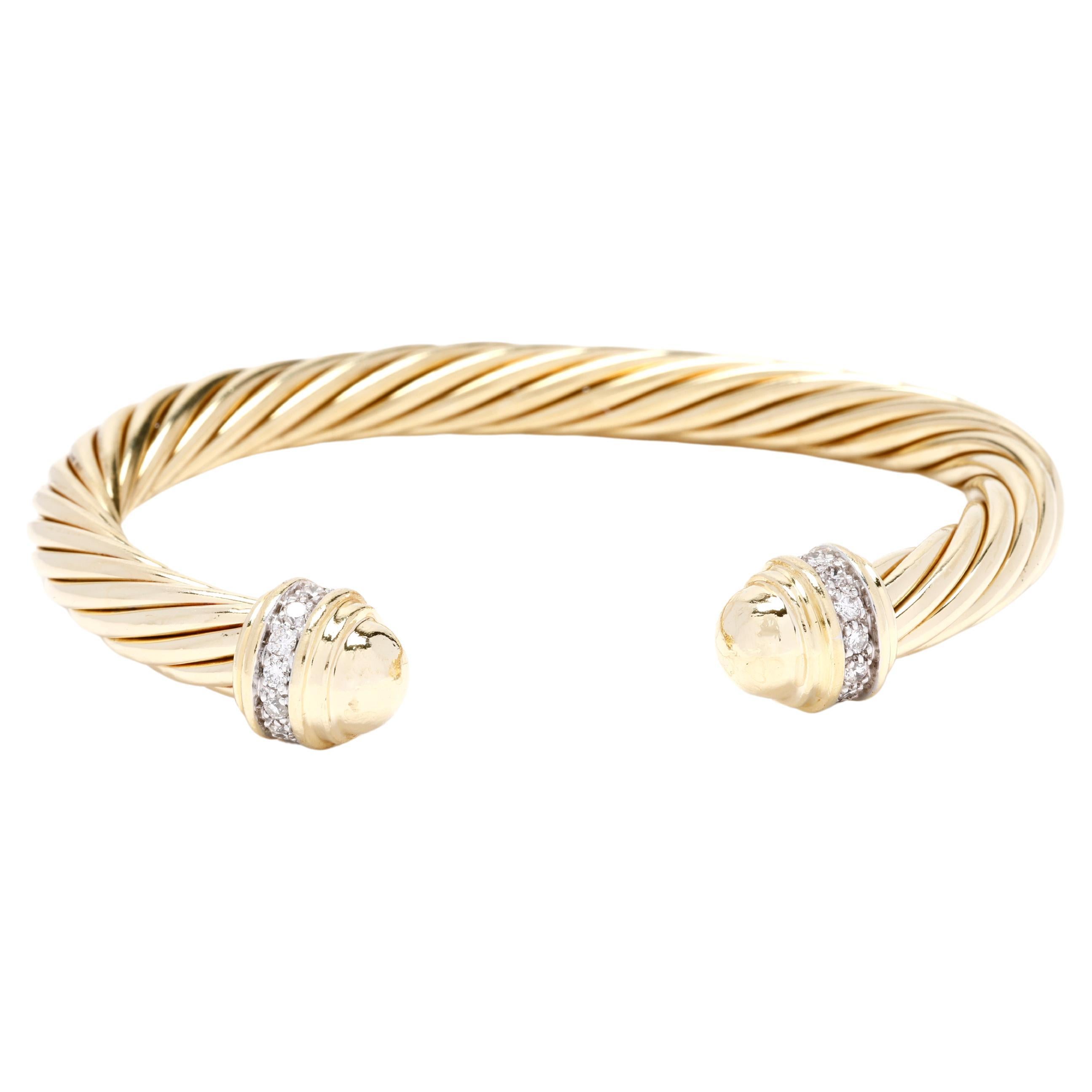 David Yurman - Bracelet manchette en or jaune 18 carats, diamant de 0,40ctw, torsadé