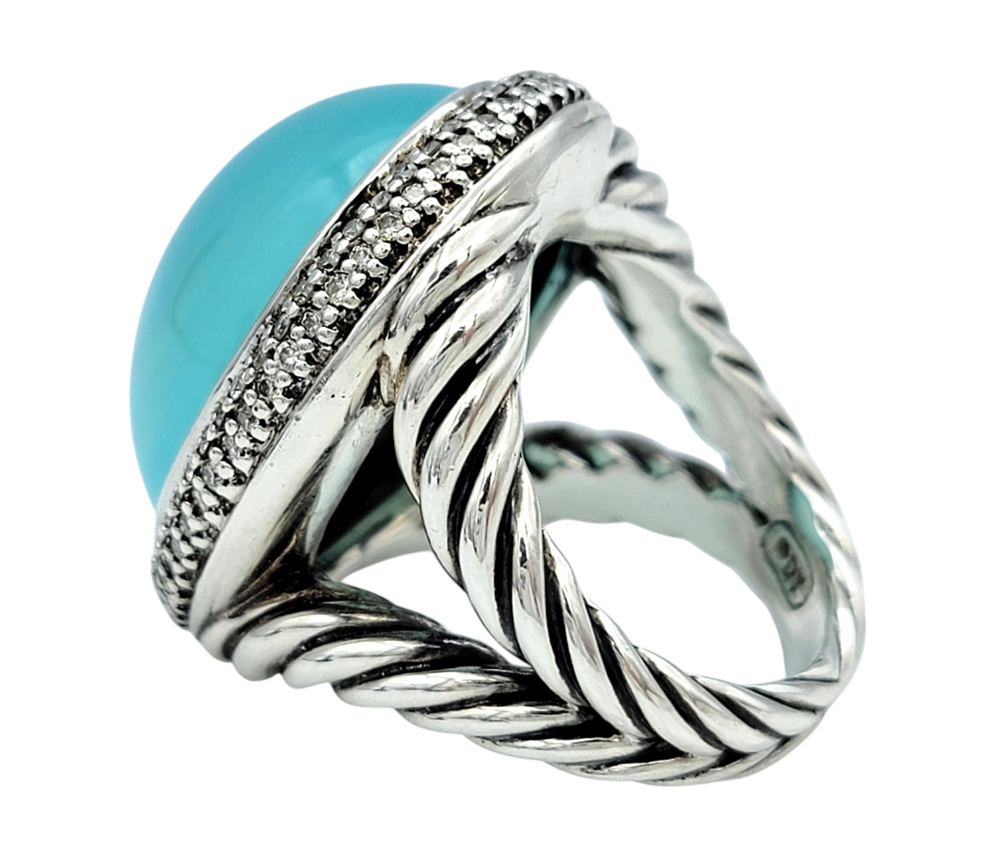 Contemporary David Yurman 53.42 Carat Cabochon Chalcedony & Diamond Halo Ring Sterling Silver For Sale