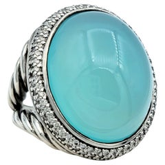 David Yurman 53.42 Carat Cabochon Chalcedony & Diamond Halo Ring Sterling Silver