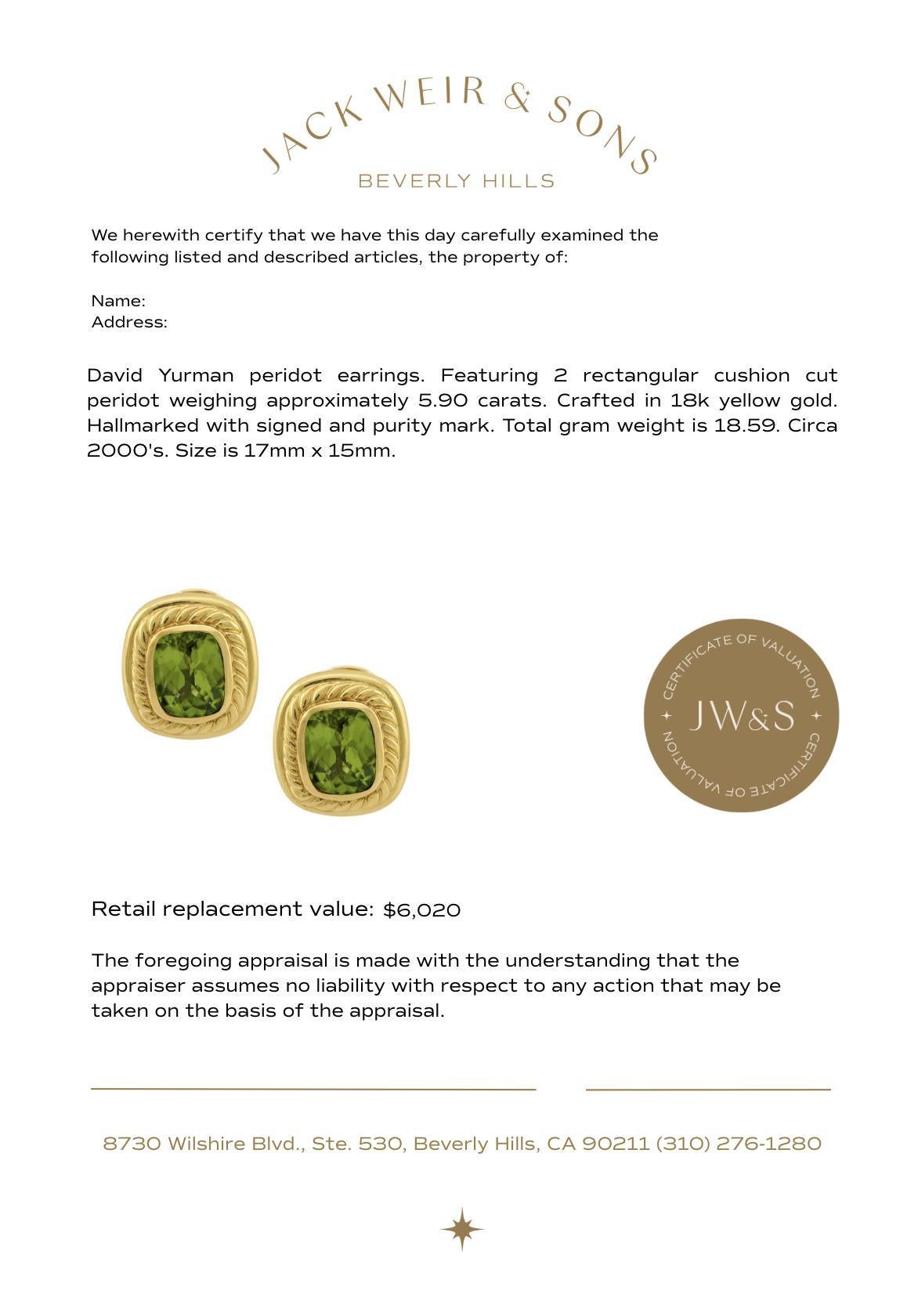 Pendientes David Yurman de oro amarillo de 18 quilates y peridoto de 5,90 quilates Corte cojín en venta